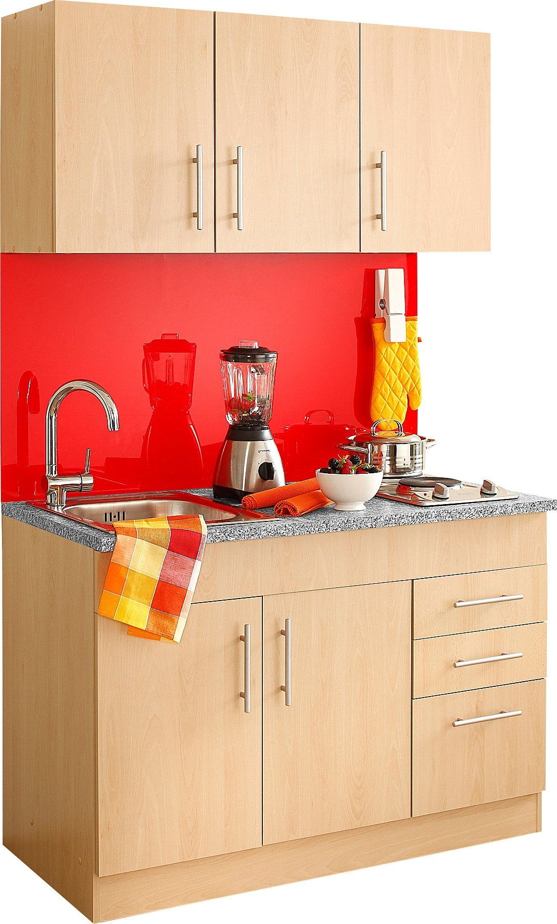 Miniküche mit Spüle Singleküche mit Doppel-Kochplatte 120 cm hochglanz rot eiche 