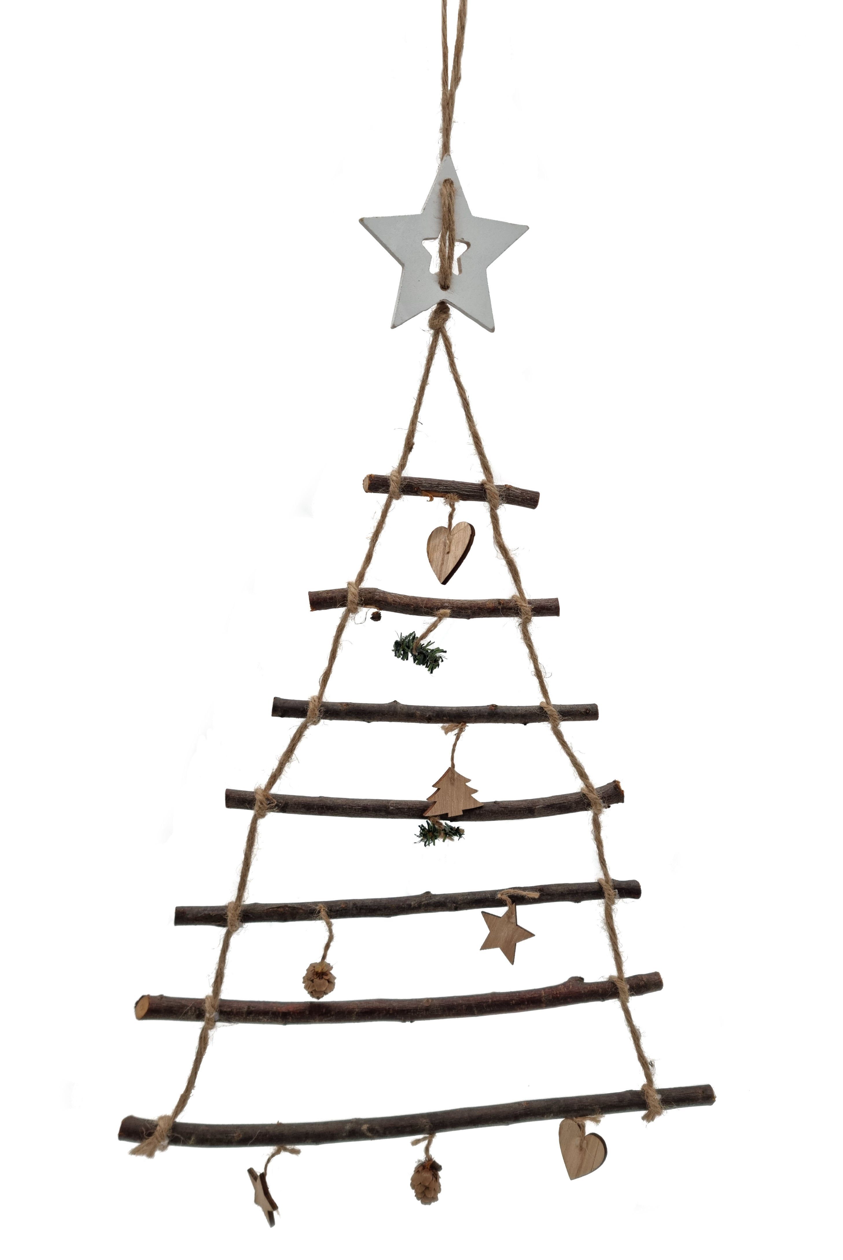 Spetebo Dekobaum Holz Weihnachtsbaum 7 Äste mit Stern Spitze - 70cm (Komplettset, 1 St., Zierschmuck-Anhänger (fest angebracht), naturbelassene und moderne Wanddekoration
