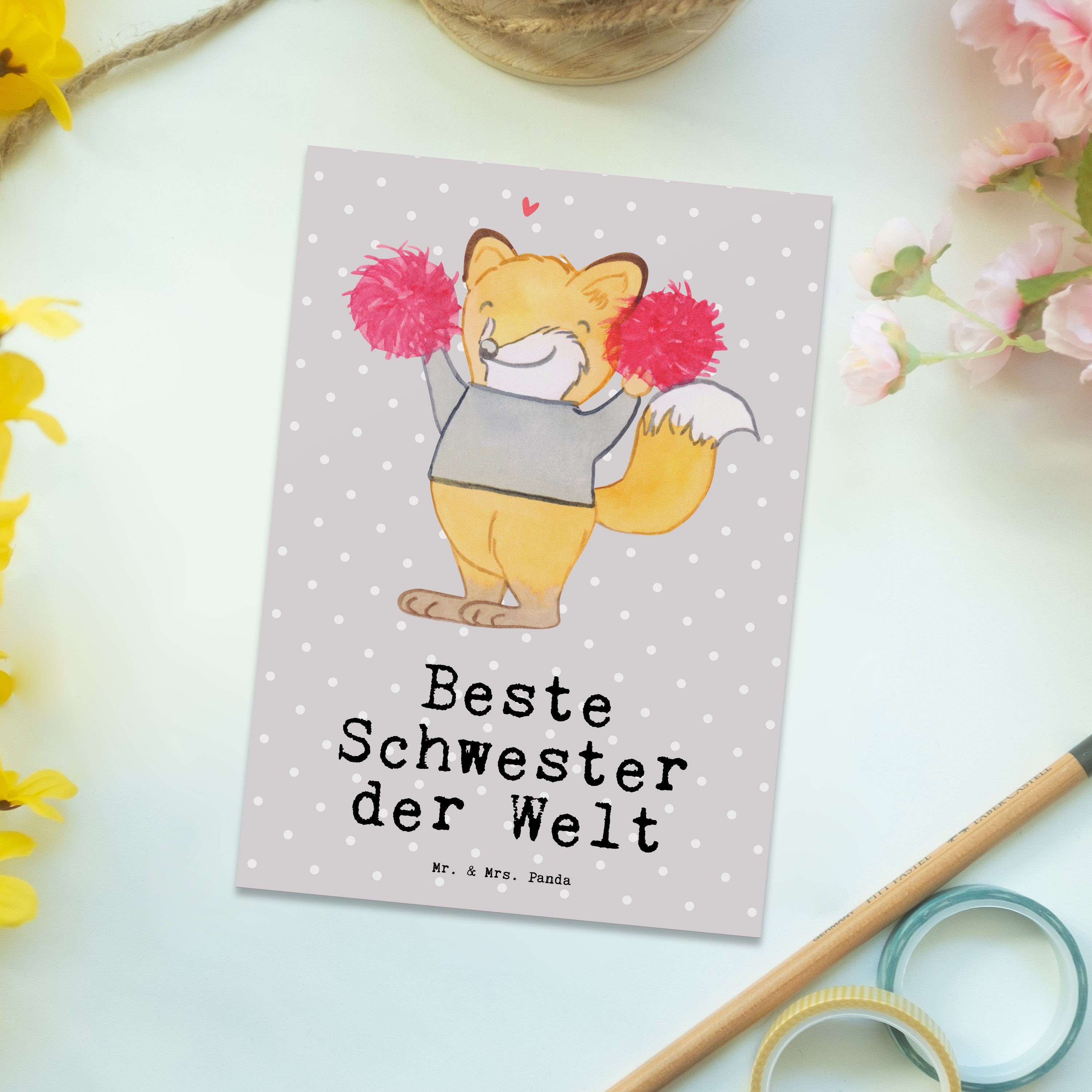 - Mr. Mrs. - Postkarte Schwester Fuchs Pastell Panda Beste & Grau Welt Geschenk, Geburtstags der