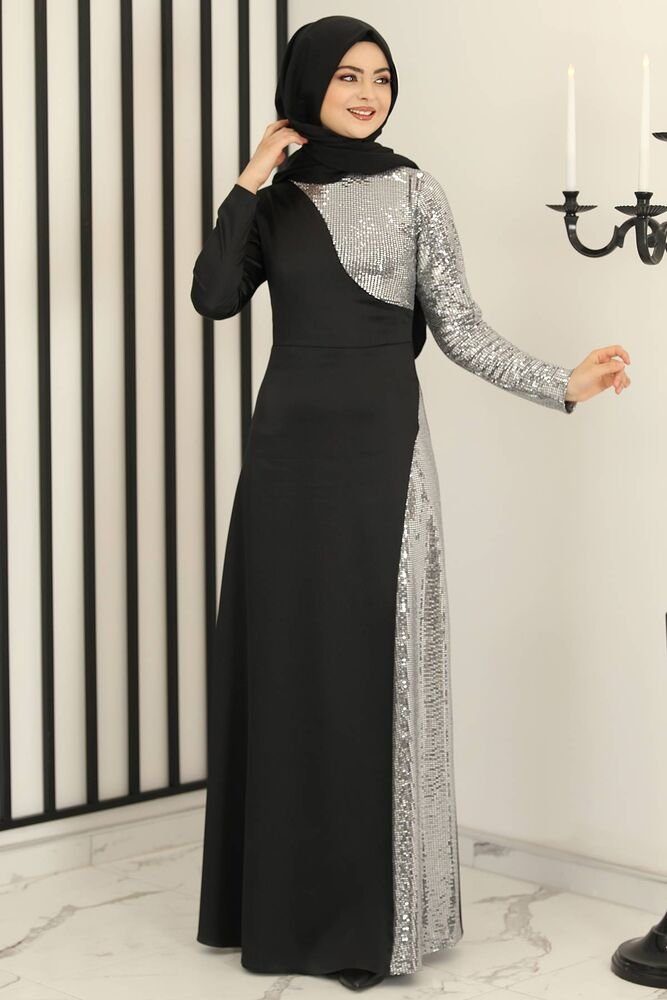 Modavitrini Paillettenkleid Damen Abendkleid schwarz mit Pailletten Abiye Abaya Hijab Kleid Paillettenkleid