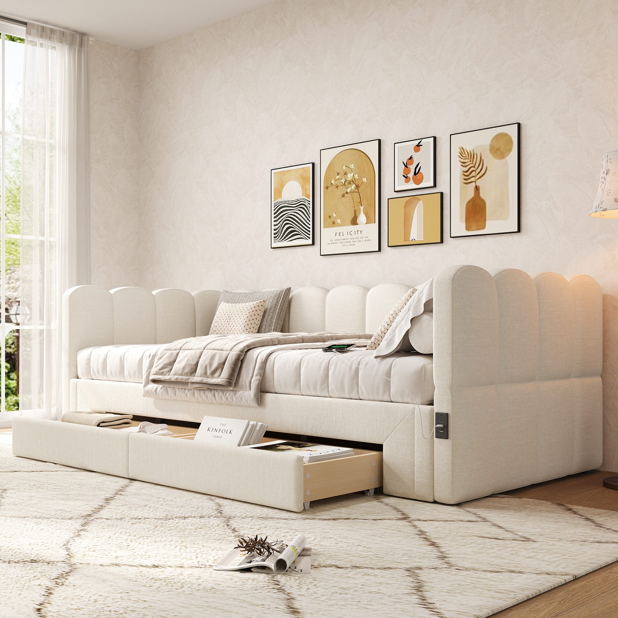 REDOM Polsterbett Elegantes Daybett mit verstecktem Stauraum & Ladefunktion (Packung, 1-tlg., ausziehbar von 90 auf 180 cm, 2 Schubladen, Chenille-Bezug), für Homeoffice, Gäste, als komfortable Lounge-Option(ohne Matratze)