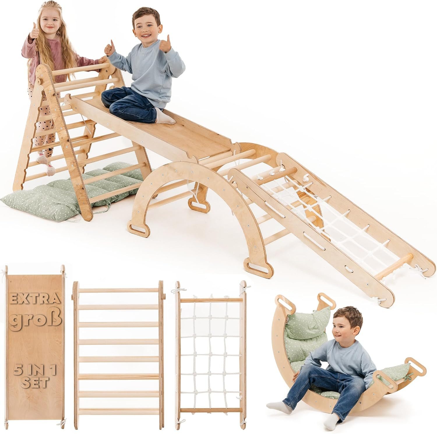 Goodevas Klettergerüst Holz Indoor Klettergerüst für Kinder von 1-5 Jahren, (Dreiecksleiter, Kletterbogen & Kletterrampe & Netz, 5-St)