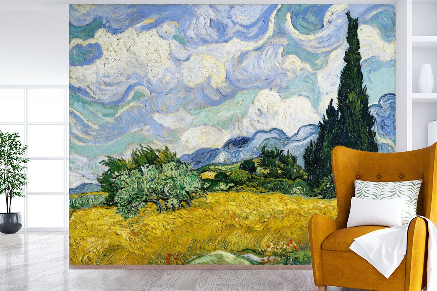 MuchoWow Gogh, bedruckt, Montagefertig Zypressen Wandtapete mit (5 Tapete Fototapete Weizenfeld van Vinyl Vincent Wohnzimmer, - St), Matt, für