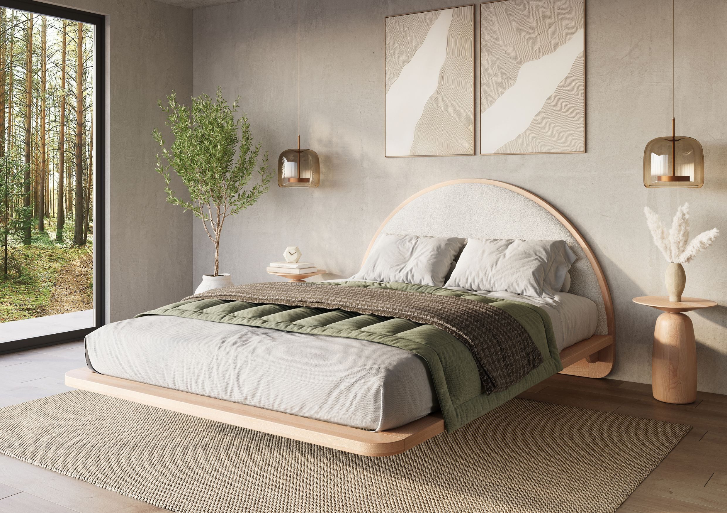 Visby Holzbett Momoko (Buchenbett Futonbett mit Schwebeeffekt), mit rundem, gepolstertem Bouclé-Kopfteil, 140/200, Buche – lackiert