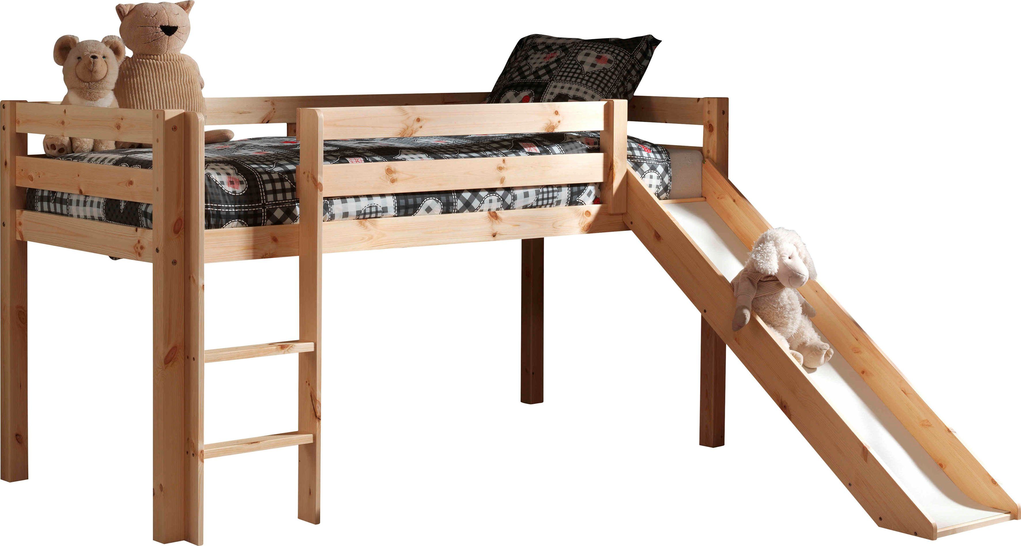 Vipack Hochbett Pino, inkl. Rolllattenrost, Leiter, Rutsche und Absturzschutz (B/H/T ca. 210x114x218cm, Kiefer massiv, stabil und standfest) in verschiedenen Farben erhältlich