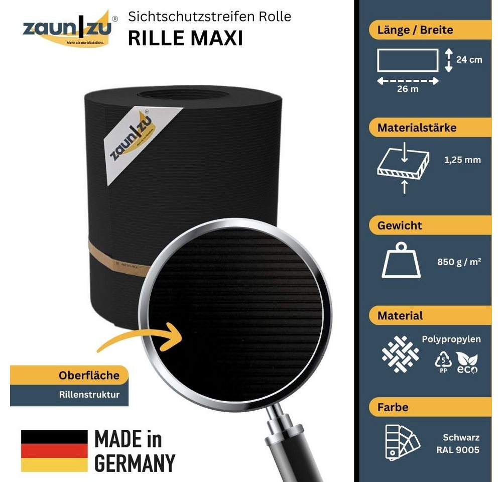 Thumbnail - zaunzu Sichtschutzstreifen Rille Maxi Rolle für Doppelstabmatten 24cm hoch Schwarz 26m, (1 Rolle, 24cm hoch, UV-beständi...