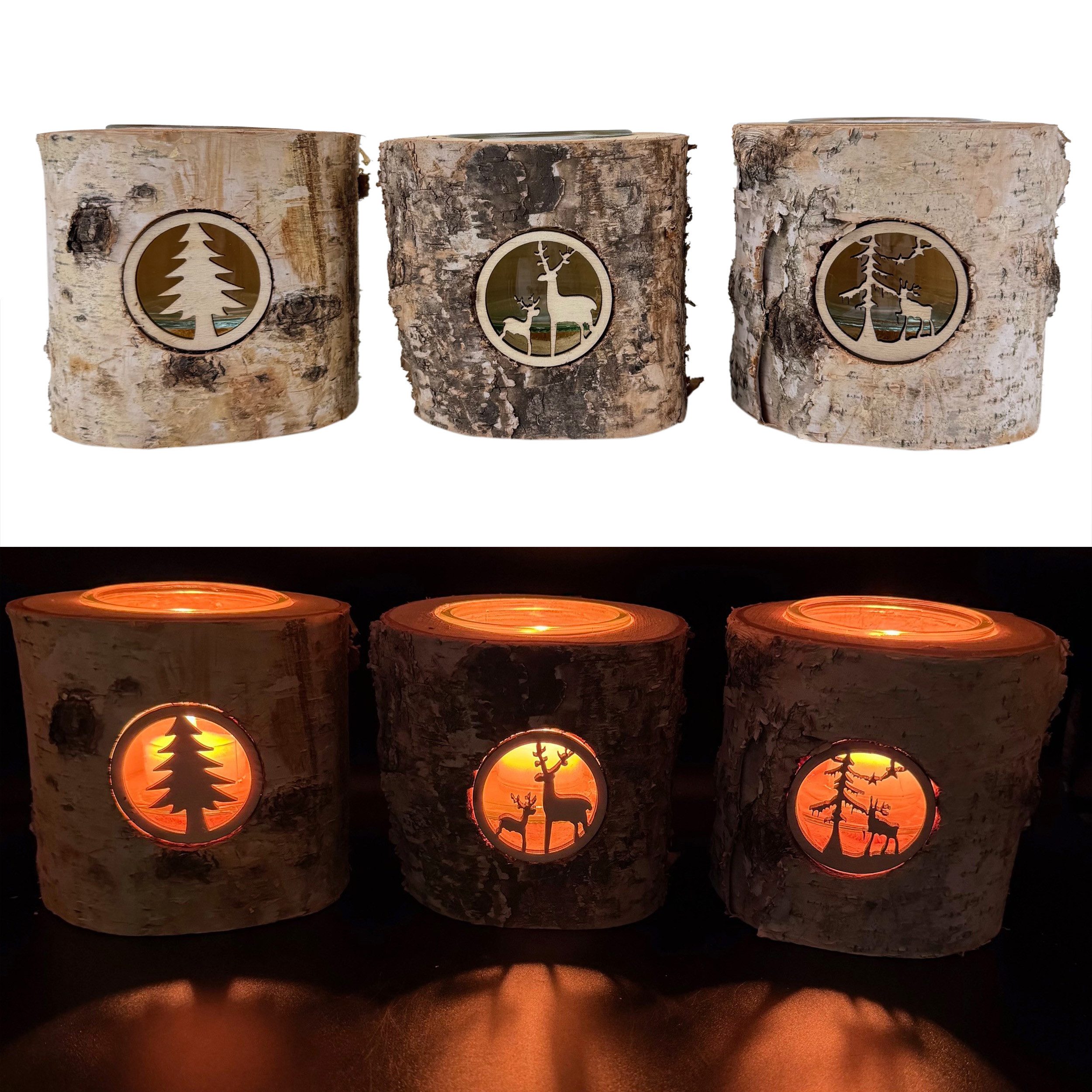 Online-Fuchs Настольные лампы aus Birkenholz - Подсвечник - Deko für Herbst, Winter & Weihnachten (mit Glaseinsatz, filigrane Schnitzereien sorgen für ein tolles Lichtspiel), 3er Set Торшеры als Weihnachtsdeko