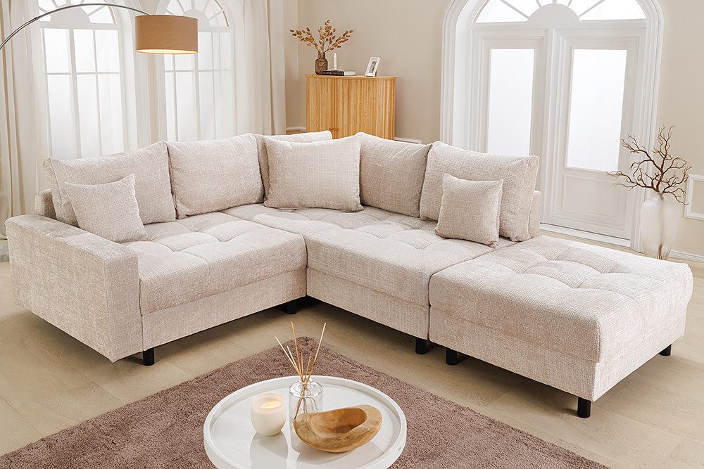 riess-ambiente Ecksofa KENT 220cm champagner beige · Chenille-Bezug, FSC-zertifiziert, Hocker, Set 2 Teile, Wohnlandschaft · Federkern · inkl. Kissen · L-Förmig · Modern Design