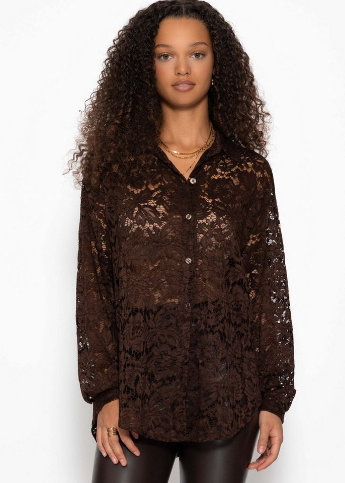 SASSYCLASSY Langarmbluse Bluse aus transparenter Spitze für Damen Elegante Buse mit Hemdblusenkragen im lockeren Schnitt Braun Schwarz