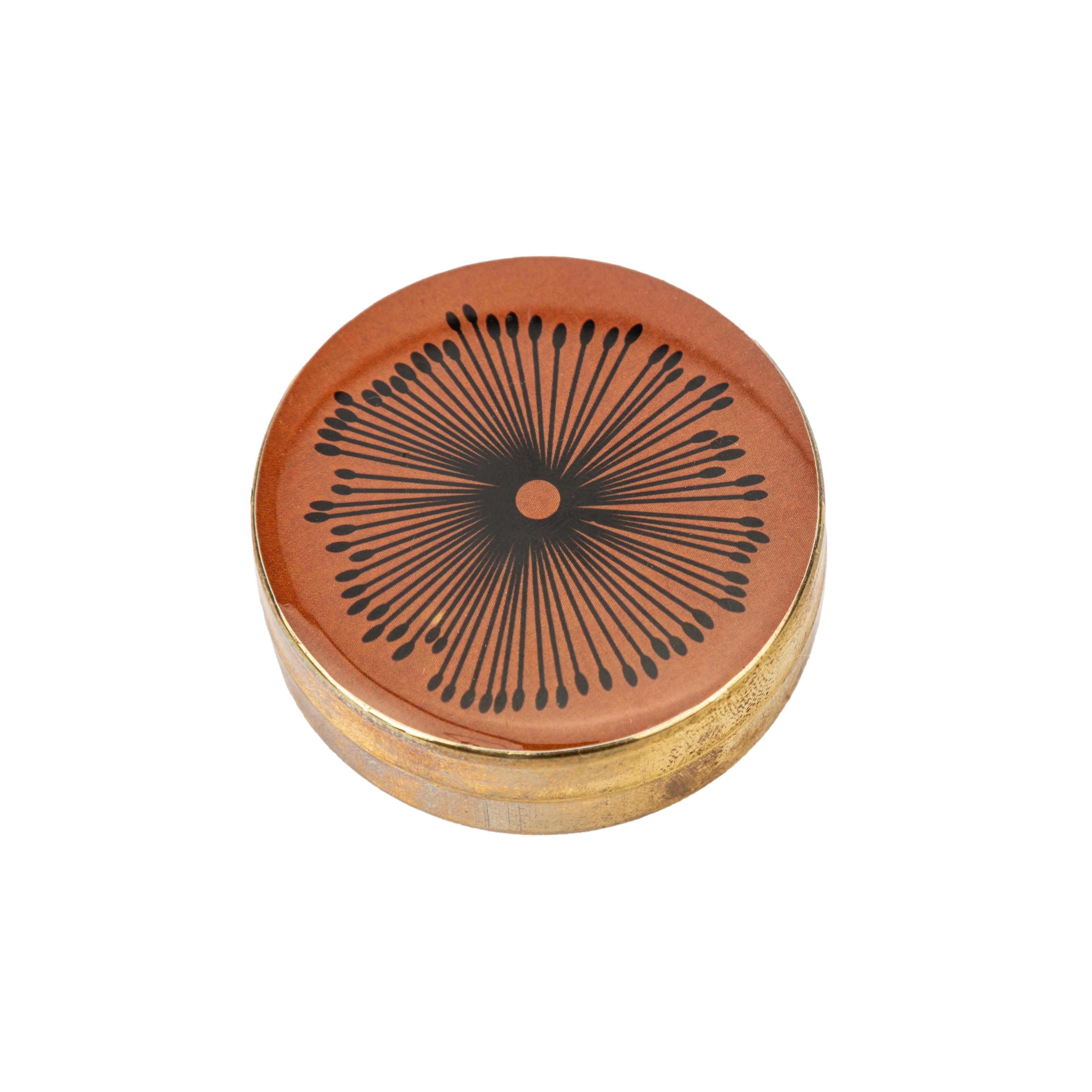 El Puente Pillendose Dose aus Messing in Orange mit Blumen-Motiv, Handmade, Handmade