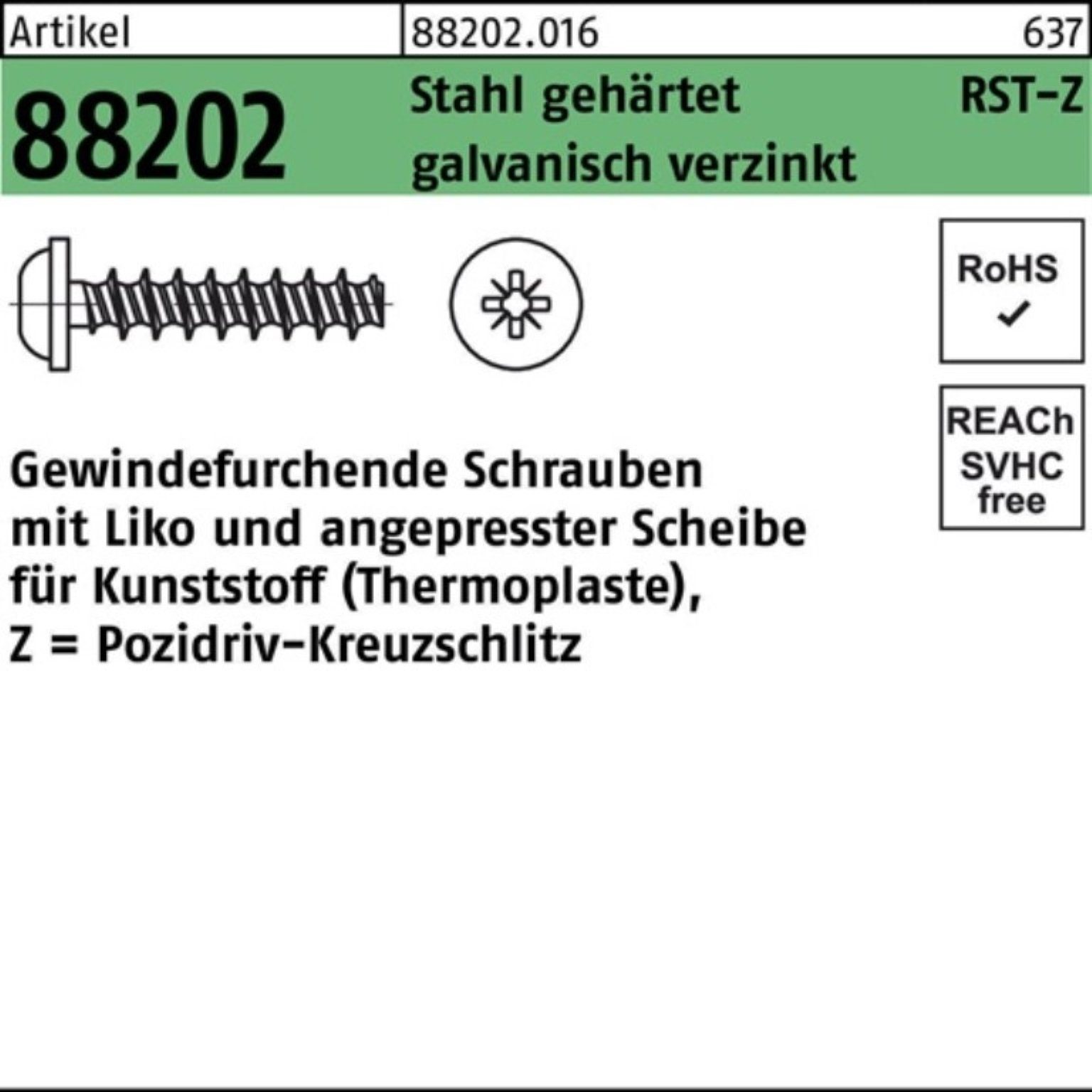 Reyher Gewindeschraube 500er Pack Gewindefurchendeschraube R 88202 Liko PZ 3,5x10-Z Stahl geh