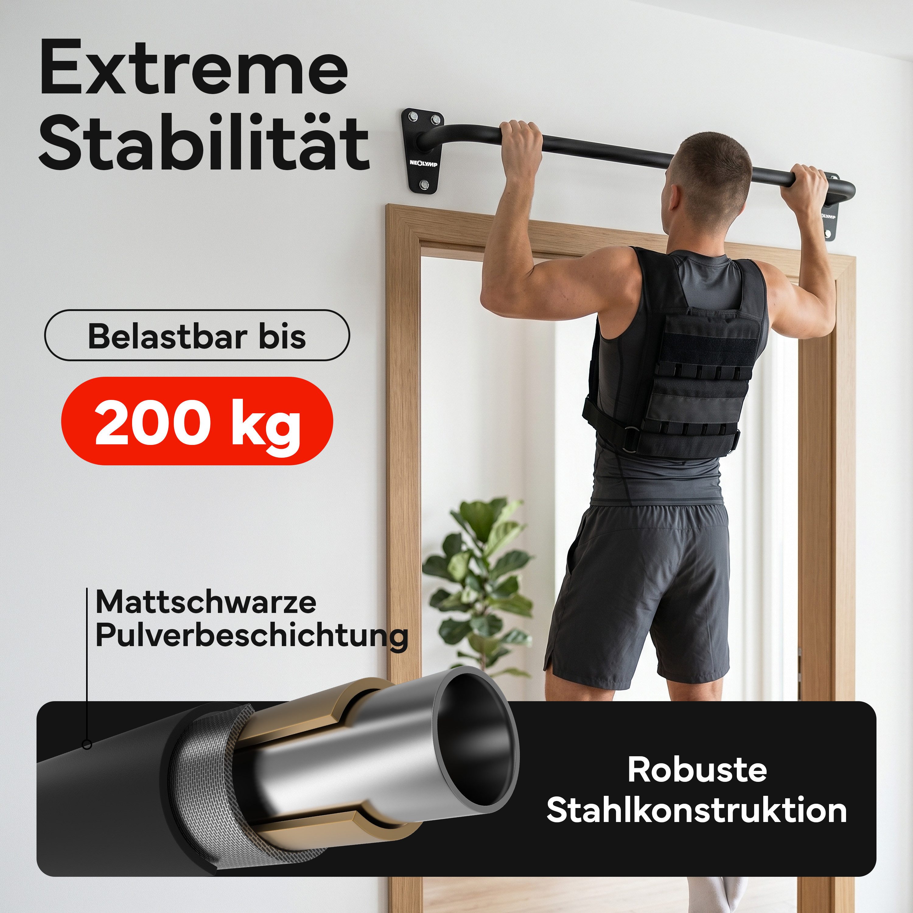 NEOLYMP Klimmzugstange Klimmzugstange Wandmontage bis 200 kg – Pull Up Bar Stahl, Bis 200 kg belastbar und aus Massive Stahlkonstruktion – Bild 5 von 5