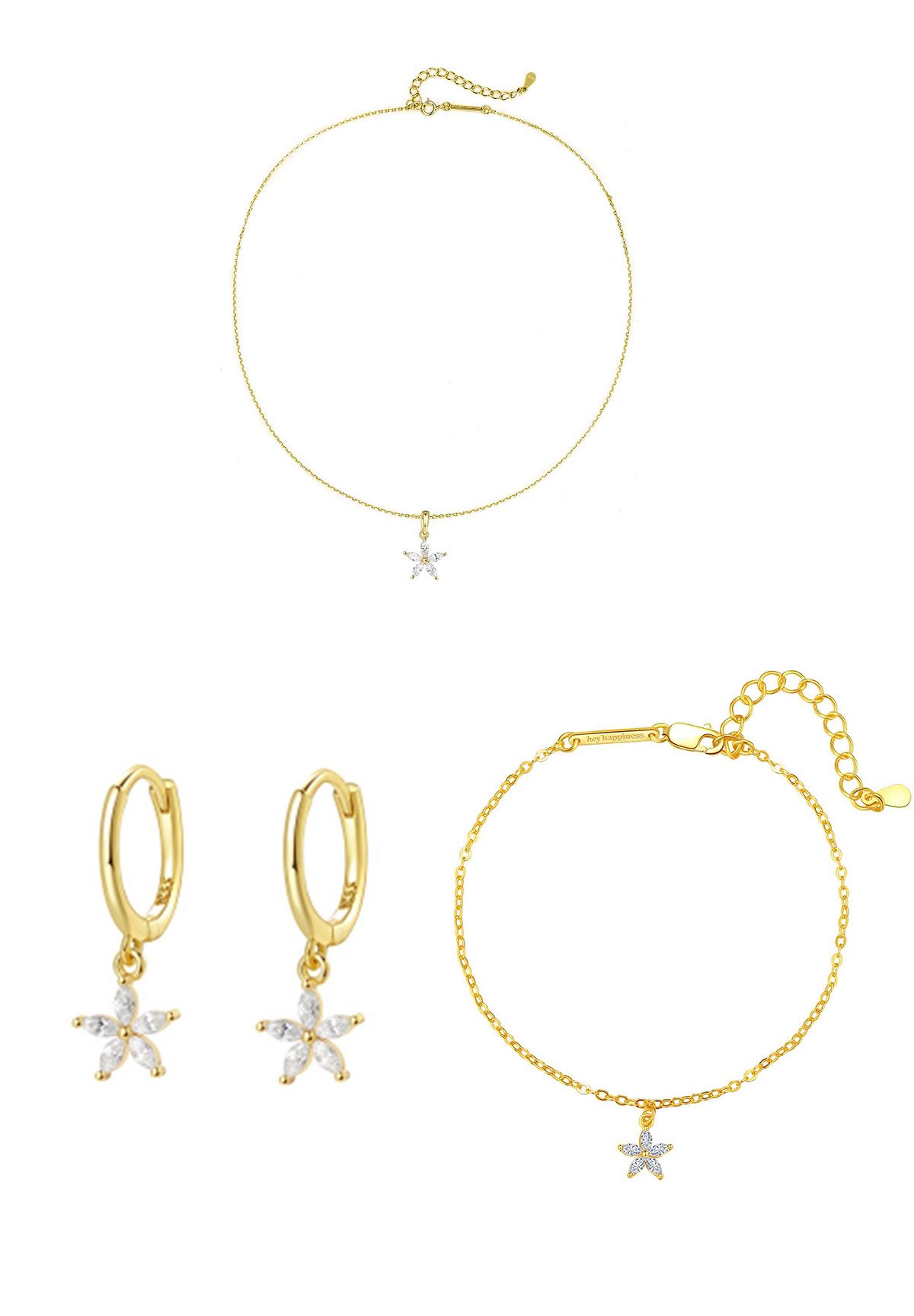 Hey Happiness Ohrring und Ketten Set mit Armband, 3er Gänseblümchen-Schmuckset, 925er Silber Set Edelsteine Blumen, für Damen