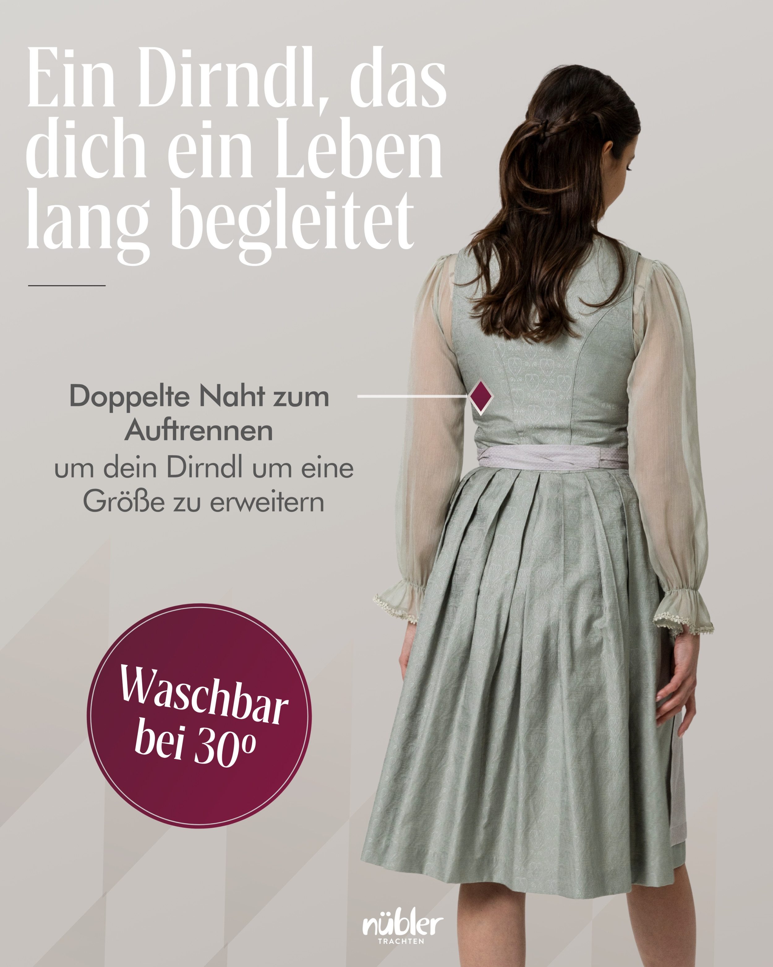 Nübler Dirndl Midi Dirndl Flurina in Salbei von Nübler - Rocklänge 70 cm