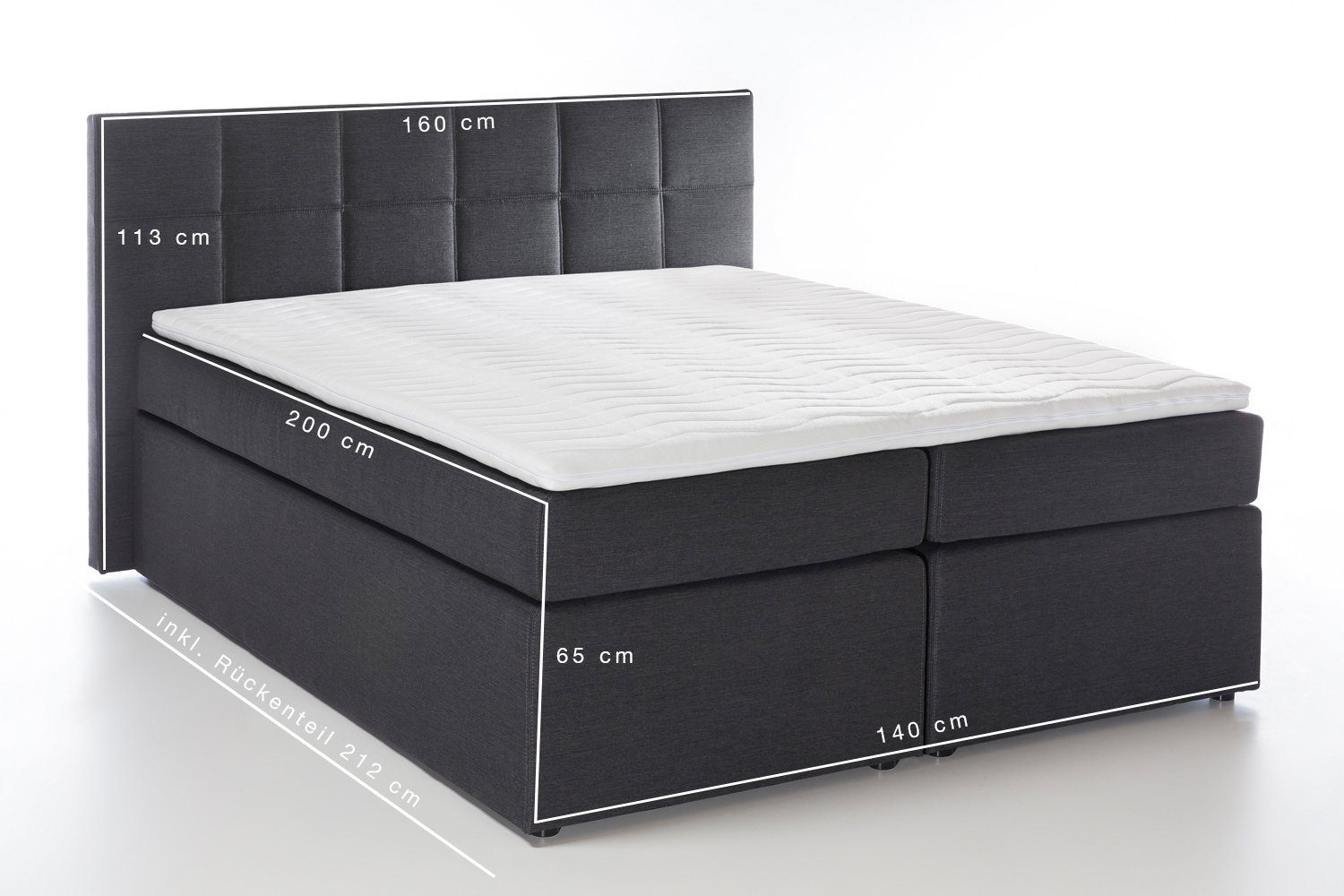Möbelfreude Boxspringbett Boxspringbett Bea Anthrazit 140x200 cm H3, Anthrazit 140x200 cm H3 7-Zonen Taschenfederkern-Matratze + Bonell-Fed