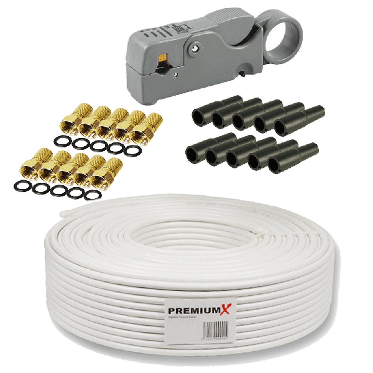 PremiumX 50m BASIC Koaxialkabel 135dB SAT Abisolierer 10x F-Stecker Tülle SAT-Kabel