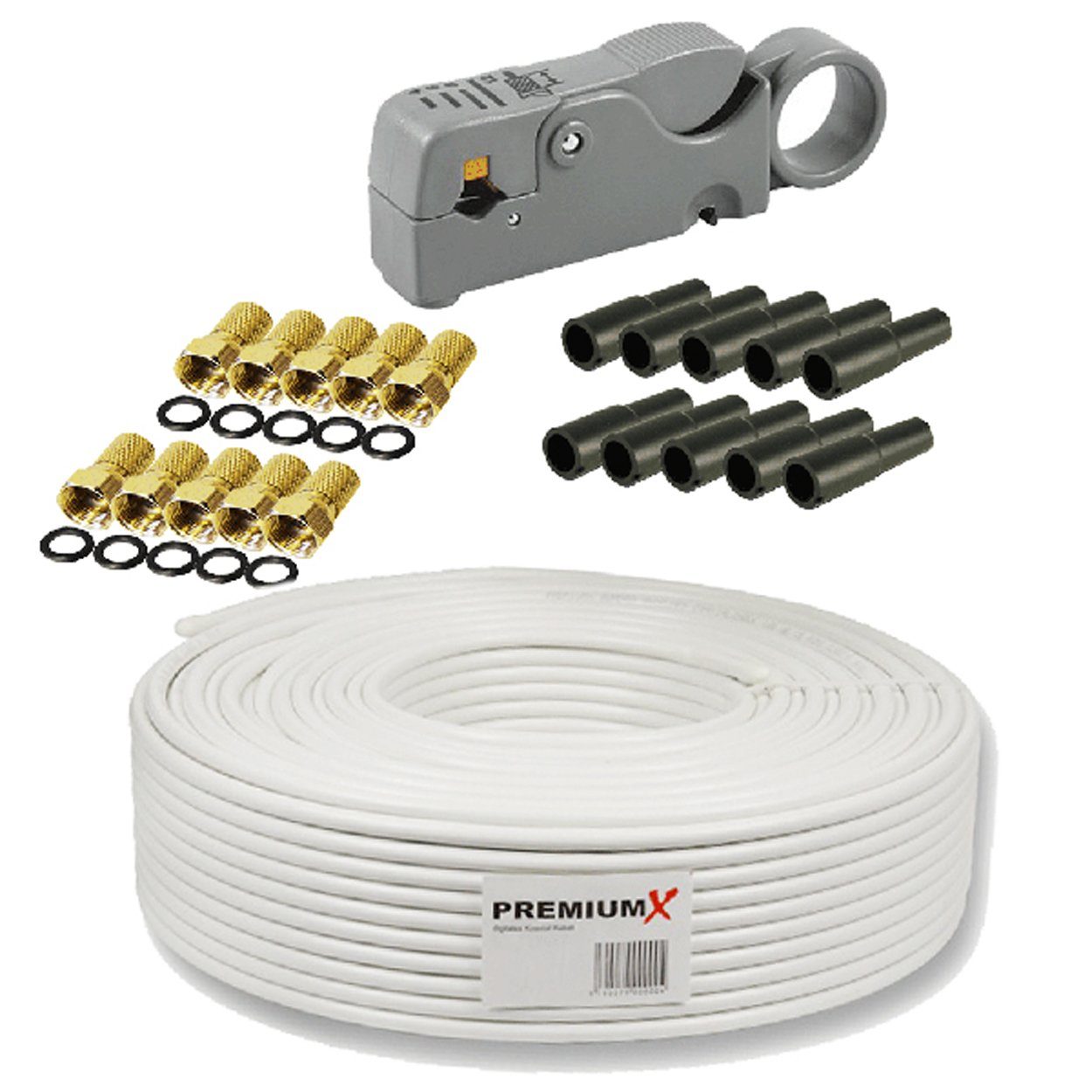 ARLI Koaxialkabel 100m Schwarz – 5-fach Geschirmt, UV-beständig, Für DVB-S/T2/C, Inkl. 10 F-Stecker