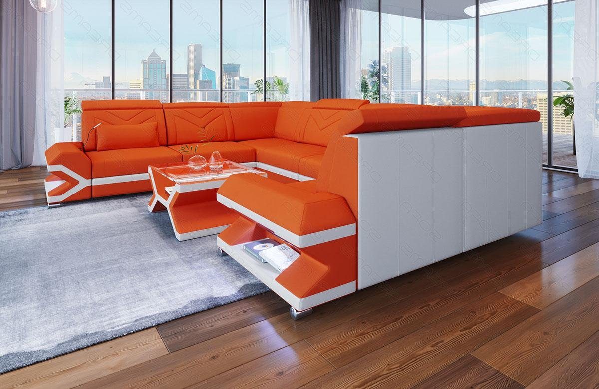 Sofa Dreams Wohnlandschaft Couch Form LED, Orange-Weiss Sorrento Bettfunktion, C94 U mit Designersofa Stoffsofa, Polstersofa USB-Anschluss, Stoff ausziehbare