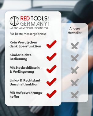 Red Tools Drehmomentschlüssel Stecknüsse & Aufbewahrungs-Koffer - 40-220 Nm 1/2 Zoll Antrieb (Werkzeugkoffer, 6 St., 5-tlg), 1/2" Antrieb; Einsätze 17,19,21mm; 125mm Verlängerung; 40-220 Nm;