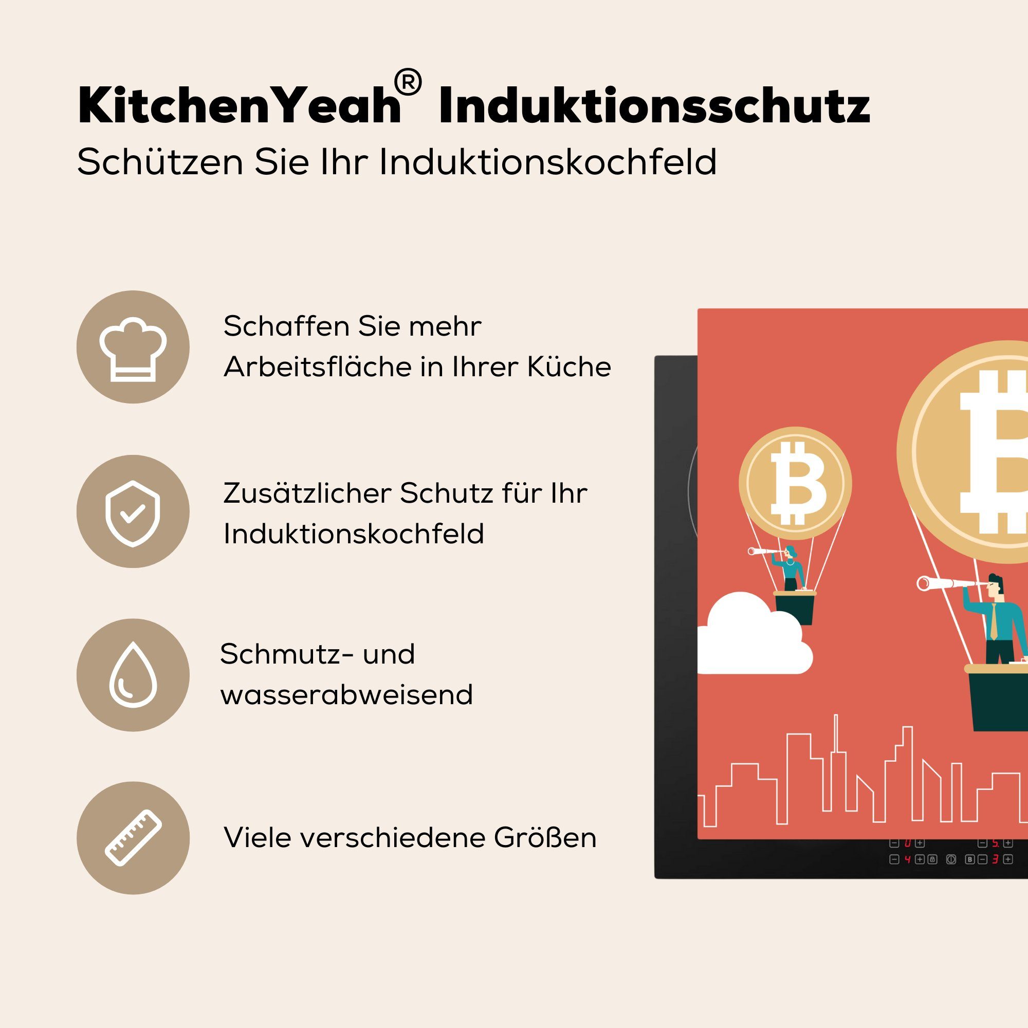 tlg), 59x52 im küche, cm, Bitcoin-Heißluftballon, Geschäftsfrau Ceranfeldabdeckung Vinyl, Geschäftsmann für und Herdblende-/Abdeckplatte die Induktionsmatte (1 MuchoWow