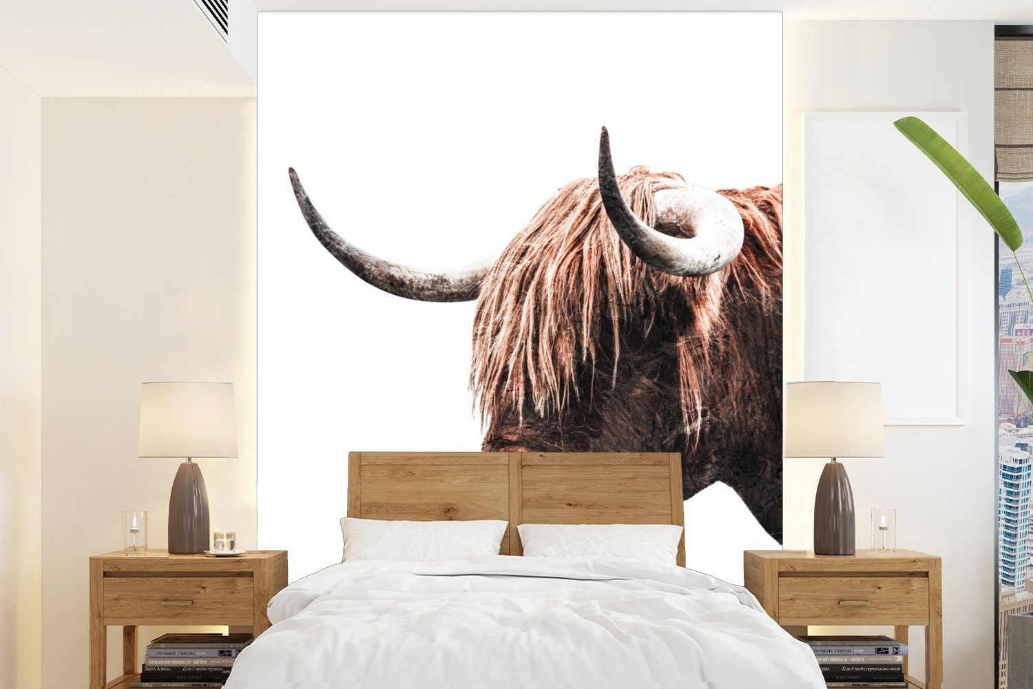 MuchoWow Fototapete Schottischer Highlander - Horn - Weiß, Matt, bedruckt, (4 St), Montagefertig Vinyl Tapete für Wohnzimmer, Wandtapete