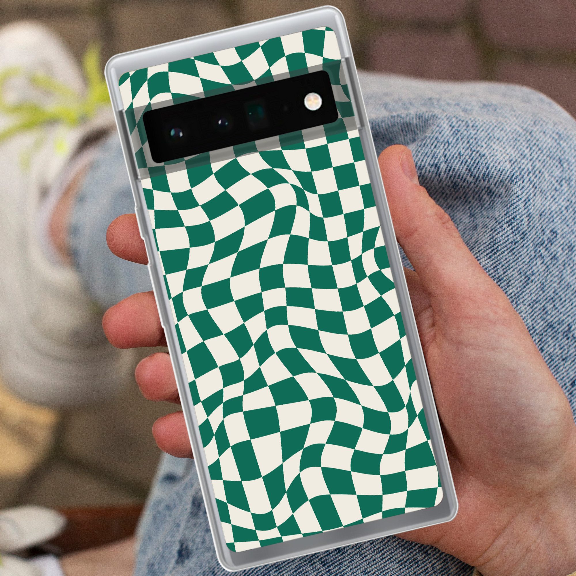 MuchoWow Handyhülle für Google Pixel 6 Pro Gewellte Boxen - Grün - Weiß - Abstrakt, Handy Case, Silikon, Bumper Case Dünn
