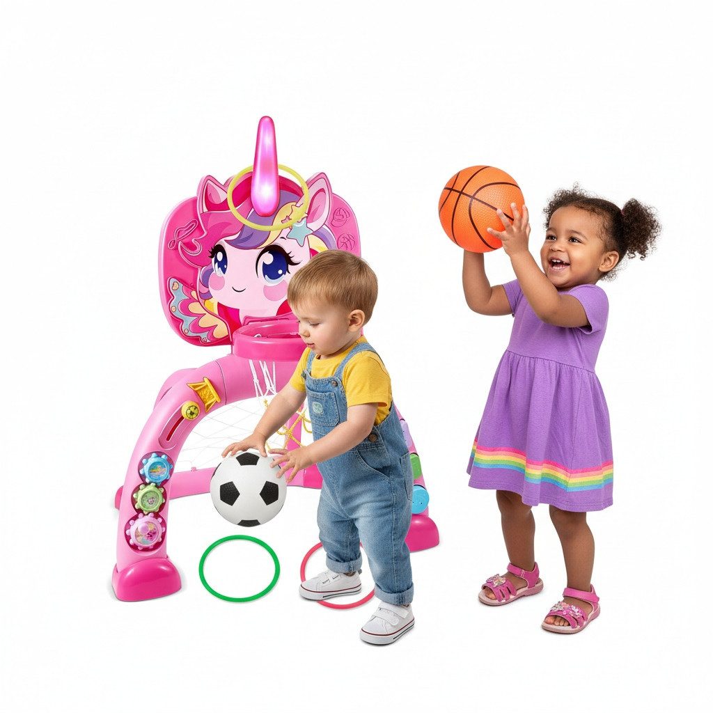 COIL Lernspielzeug Kinder-Fußballtor, Interaktives Fußballtor, Aktivitätsspiel (Multi-Sport-Aktivitätsspiel, 3 in 1, für Kinder ab 18 Monaten), Basketball, Fußball, Golf, LED, Musik