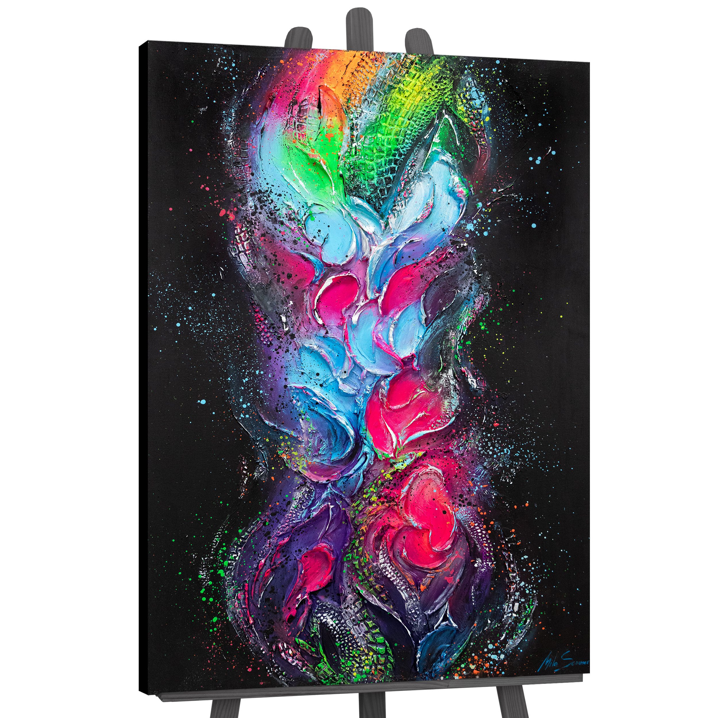 YS-Art Живопис Fokus, Abstraktion, Vertikales Leinwand Bild Handgemalt Bunt Regenbogen Schwarz