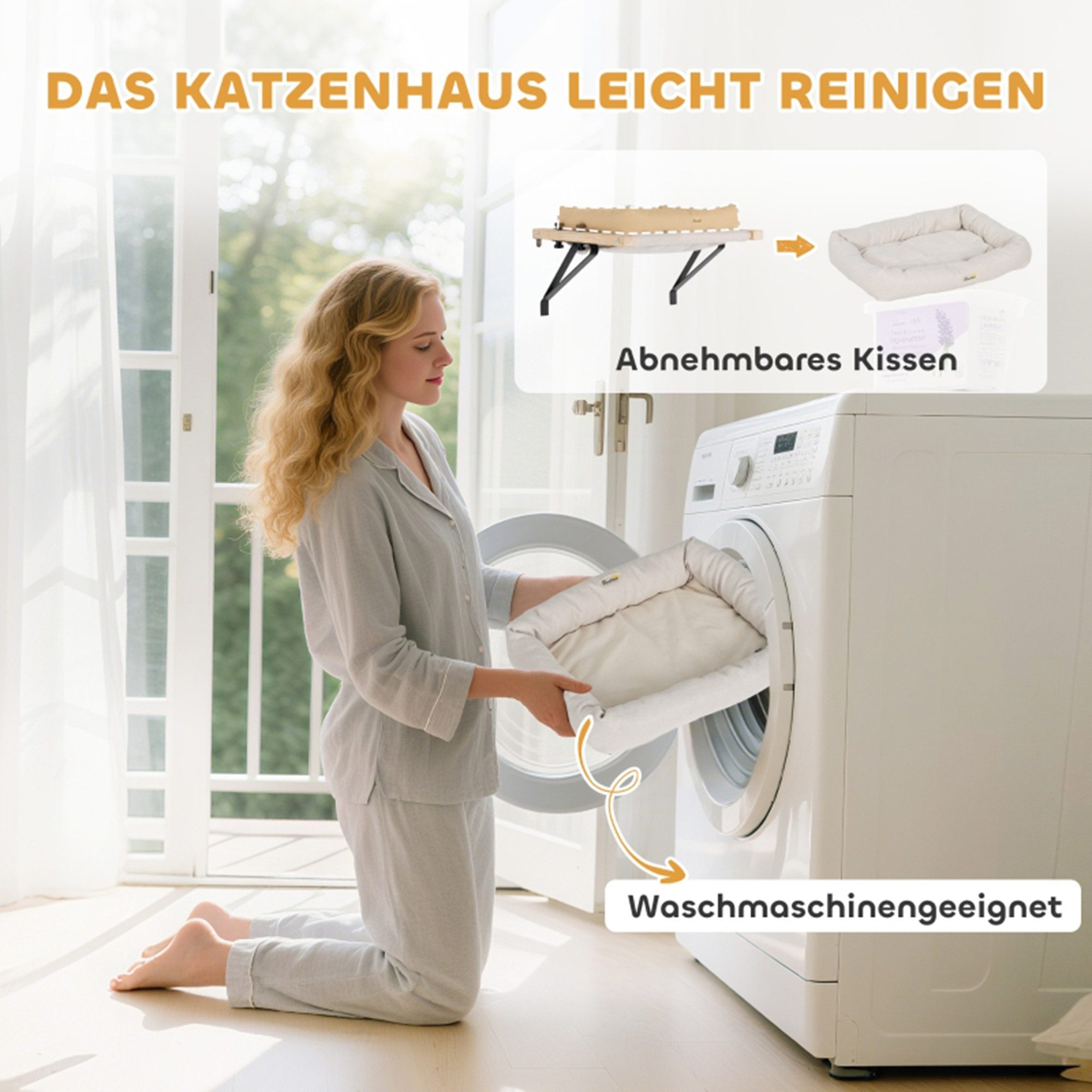 MC Star Katzenhaus mit Halterung für Fensterbänke und Heizungen, Kissen, Holzrahmen, Weiß