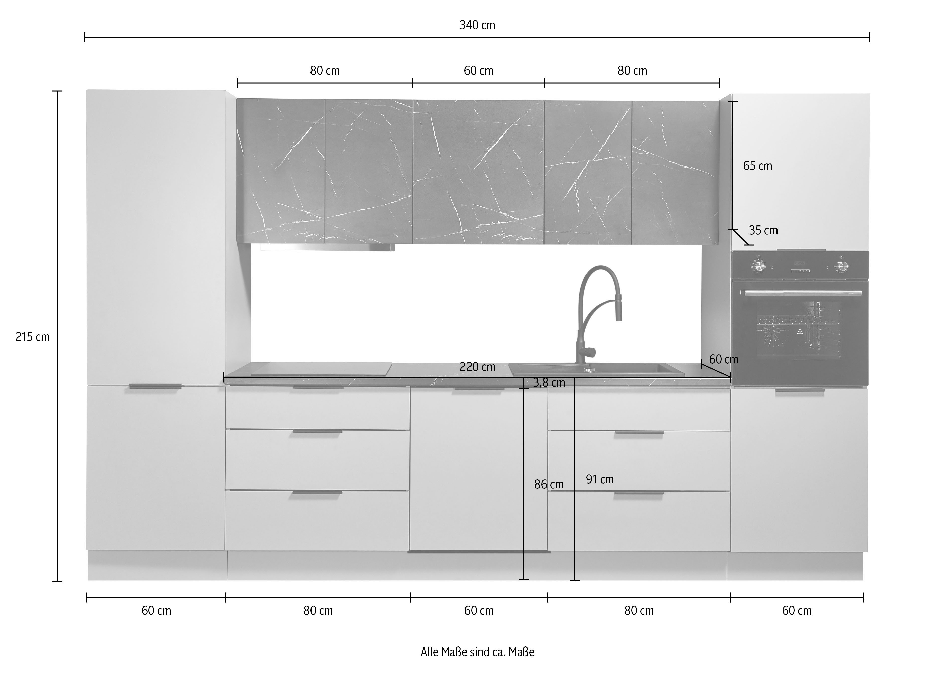 BASIC by Balculina Küchenzeile Esperanza B/H/T 340x215x60 cm, Breite 340 cm, wahlweise mit E-Geräten und Induktion