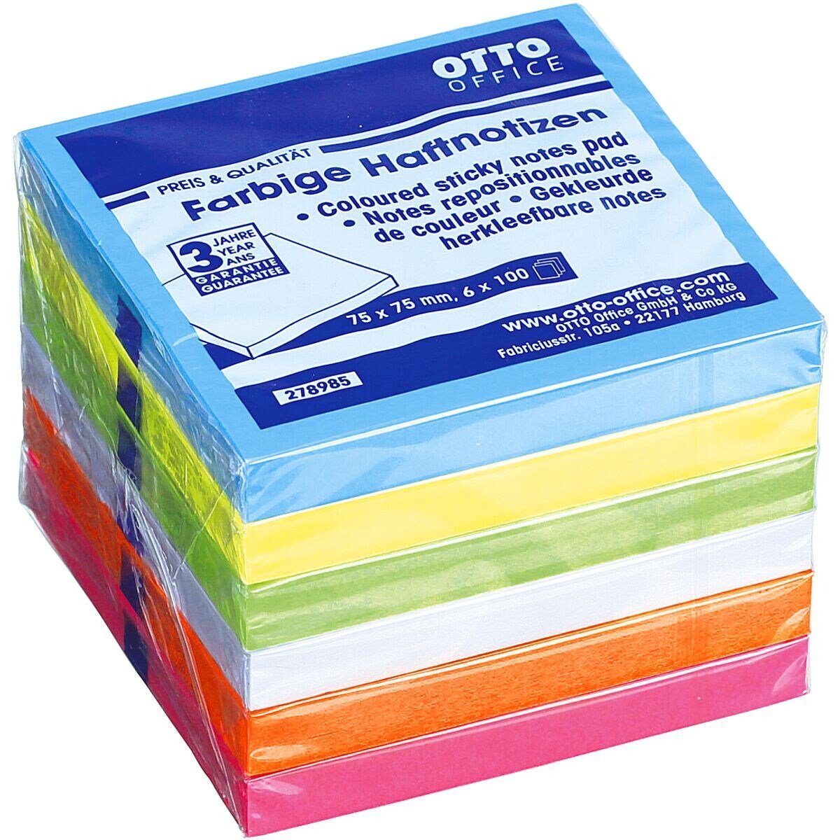 Otto Office Haftnotizblock, 7,5x7,5 cm, in Neonfarben mit extrastarker Haftung