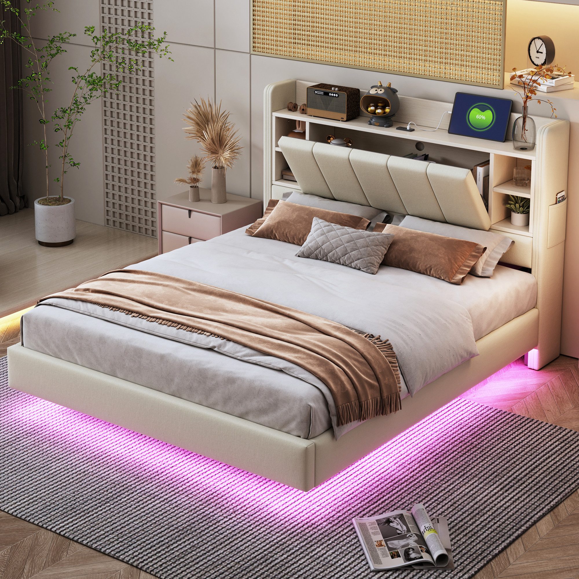 Merax Polsterbett mit LED und USB-Anschluss (1-tlg., Jugendbett Mehrzweckbett Stauraumbett), Doppelbett 140x200cm mit umklappbarem Kopfteil & Ablagefächern, Leinen