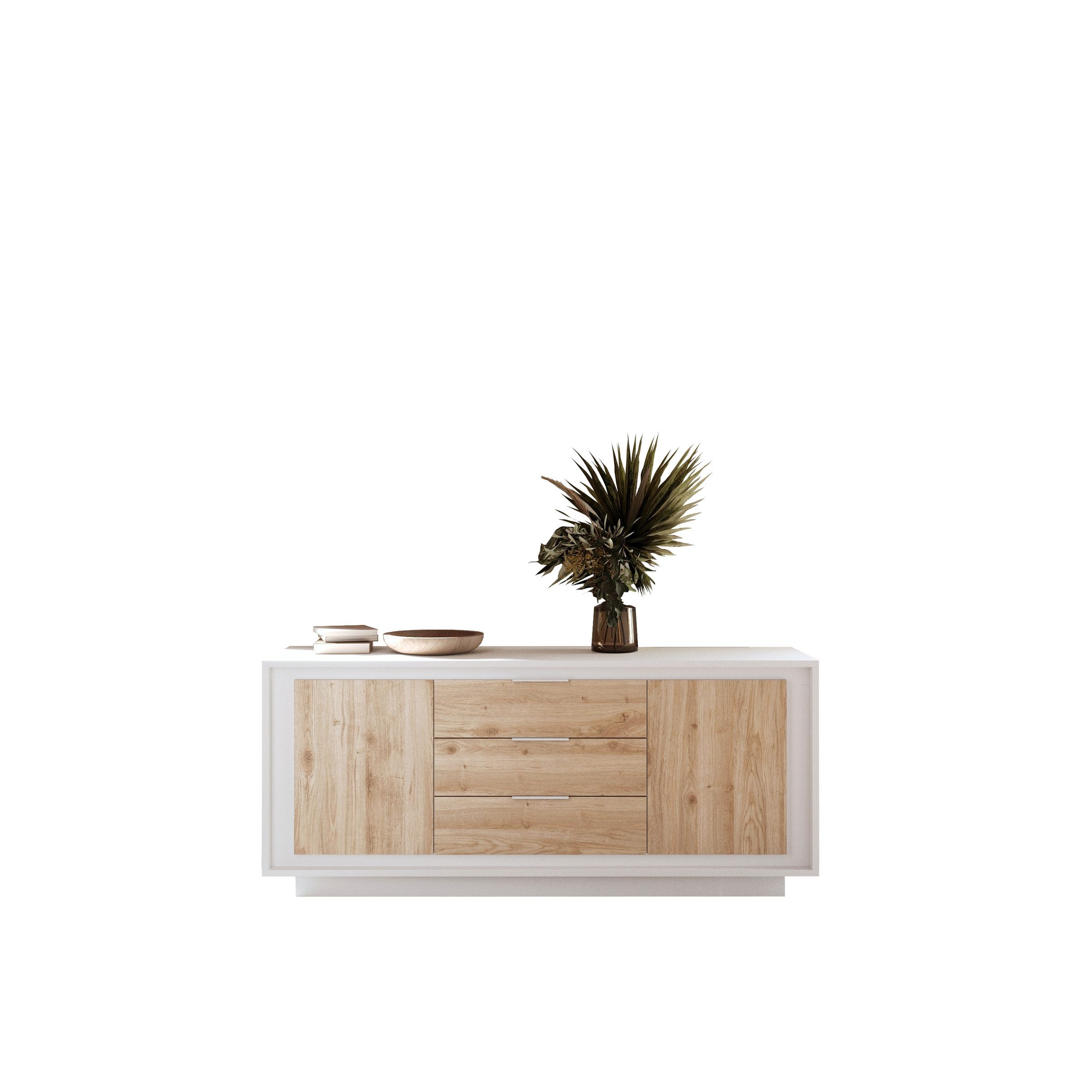 freiraum Sideboard Siena, 2 Türen, 3 Schübe, Weiss Lack matt / Eiche Dekor - 180x80x50 (BxHxT)