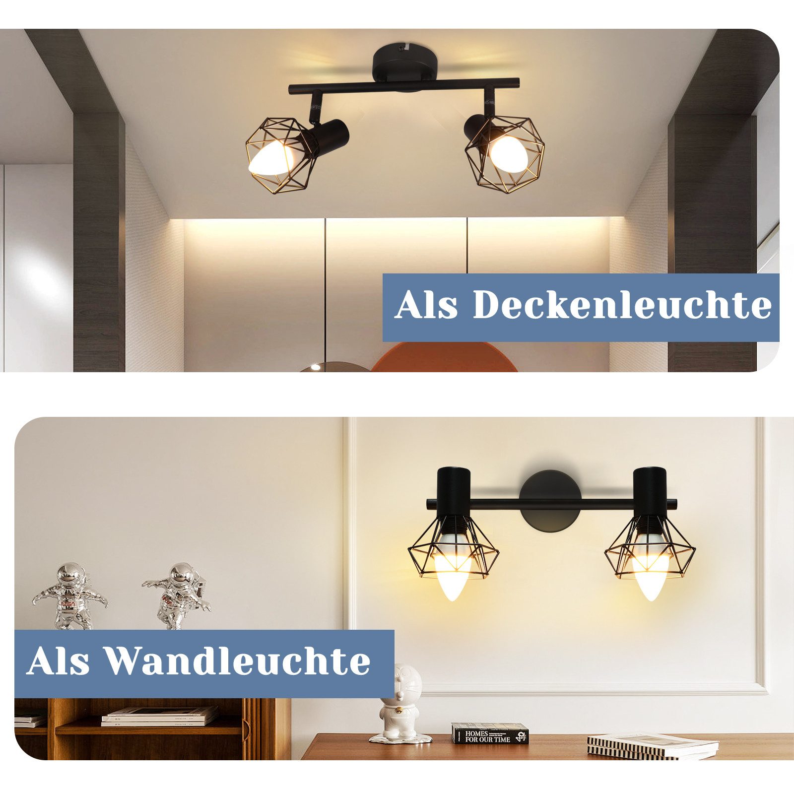 Nettlife Deckenstrahler Wohnzimmer Vintage Schwarz 1/2/3/4/5 Flammig E14 Industrial, Schwenkbar 350°, LED wechselbar, drehbar für Wohnzimmer Flur Esszimmer und  – Bild 4 von 5