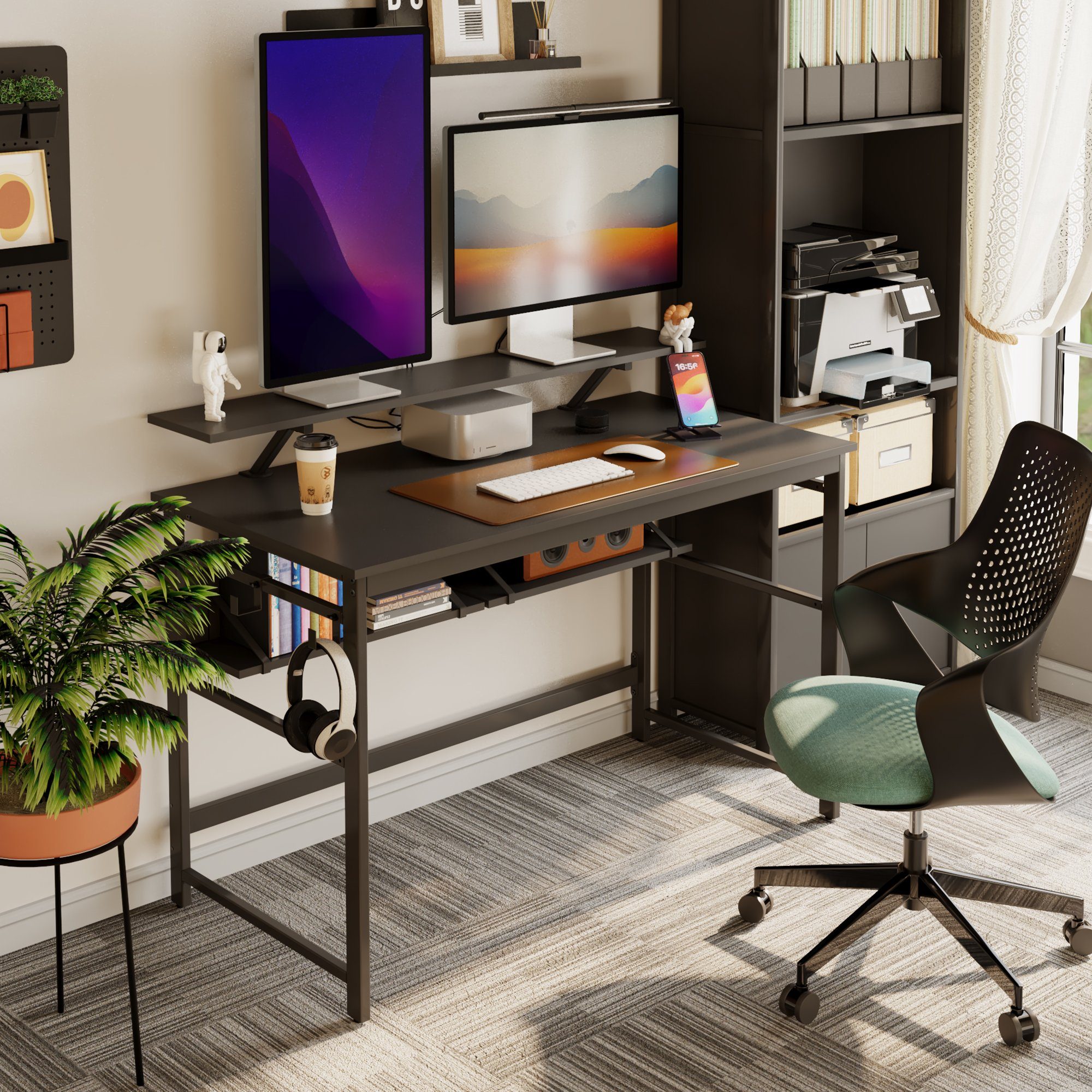 | Computertisch, Ablagefächern, Schwarz Schwarz mit 2 Schreibtisch Monitorständer Mondeer Abnehmbarer 120cm,