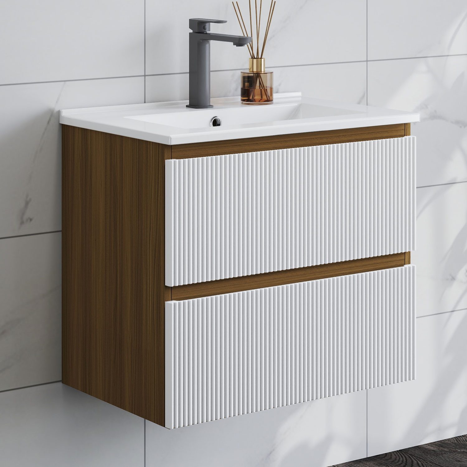 duschspa Waschtisch Waschbecken mit Unterschrank Badmöbel Set Hängeschrank, Weiß/Schwarz/Eiche/Nussbaum/Dunklegrau, 50-120 cm