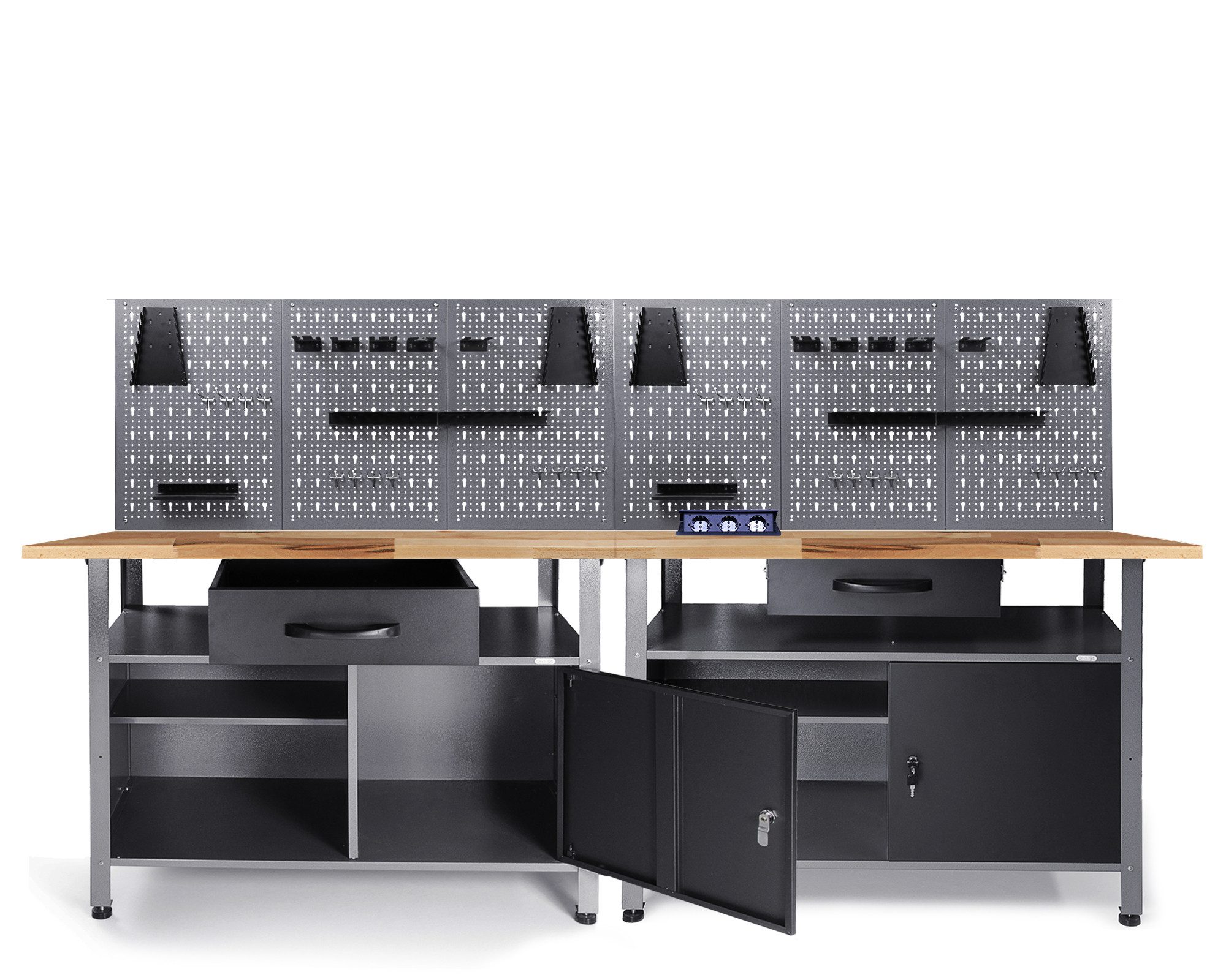 ONDIS24 Werkstatt-Set Werkstatt Set Klaus 240cm + 2 Lochwandset+Steckdose, (6-tlg)