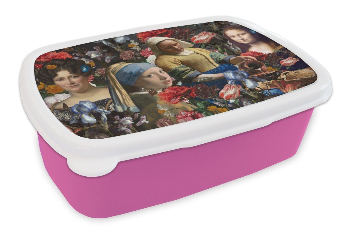 MuchoWow Lunchbox Collage - Malerei - Alte Meister - Blumen, Kunststoff, (2-tlg), Brotbox für Erwachsene, Brotdose Kinder, Snackbox, Mädchen, Kunststoff rosa