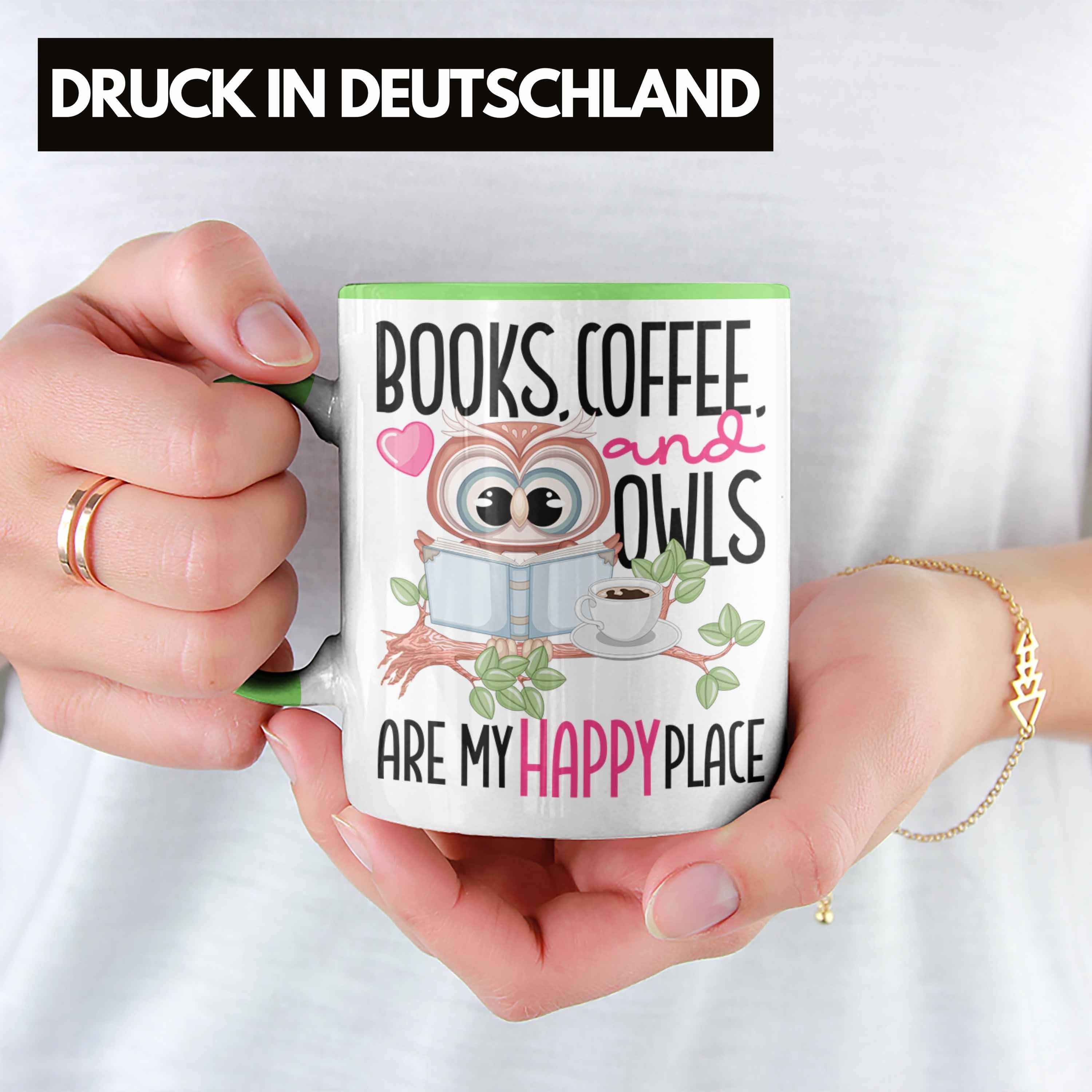 Trendation Tasse Bücher Kaffee Eulen Bücher Tasse Geschenk Lesen Place Happy Leseratte Grün