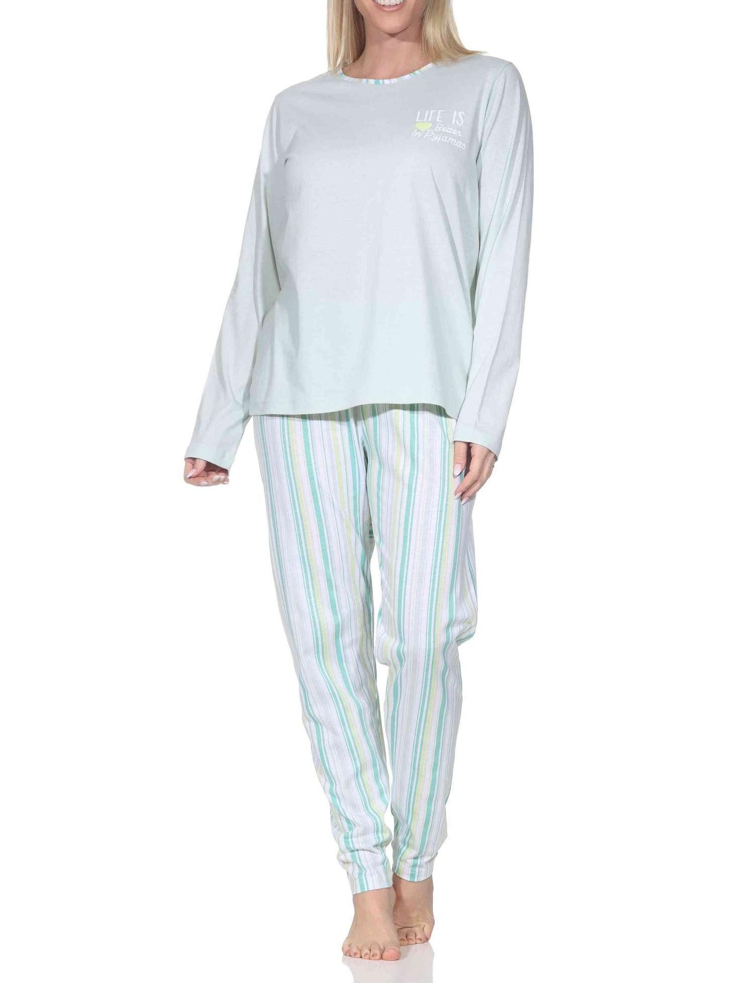 Pyjama Normann Damen Schlafanzug langarm mit Pyjamahose in Streifenoptik