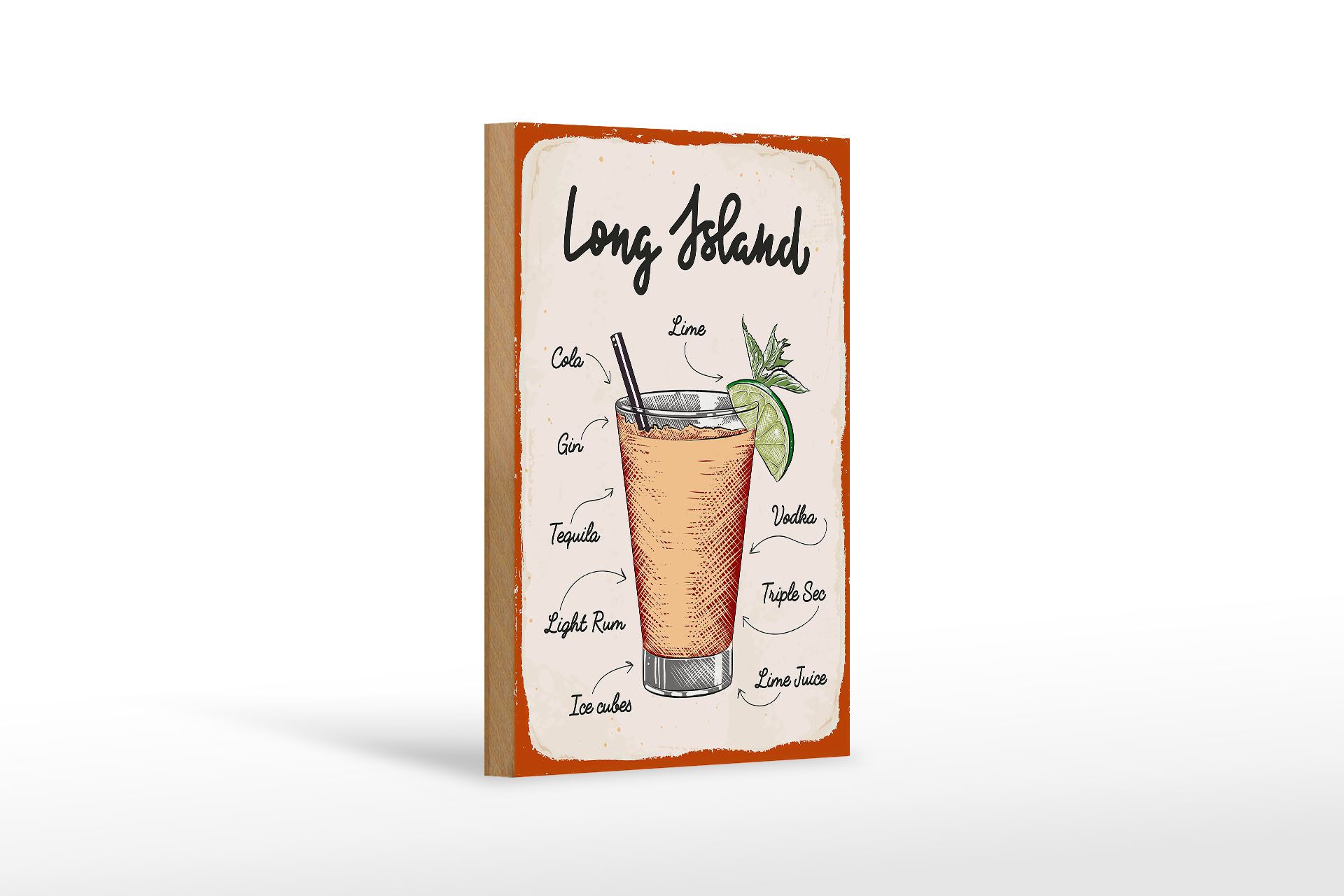 Femer GmbH Holzbild Long Island Tequila Vodka 12x18 cm, Essen Trinken Genuss (1 St), Glatte Holzfaserplatte (MDF), vorn beschichtet