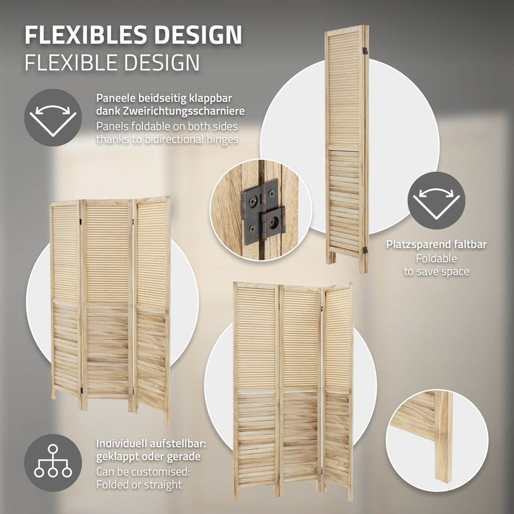 ML-DESIGN Paravent Raumteiler Faltbarer Sichtschutz Indoor Stellwand Sichtschutzwand, Raumtrenner 3-teilig Osaka Natur 170x121cm Holz freistehend Trennwand