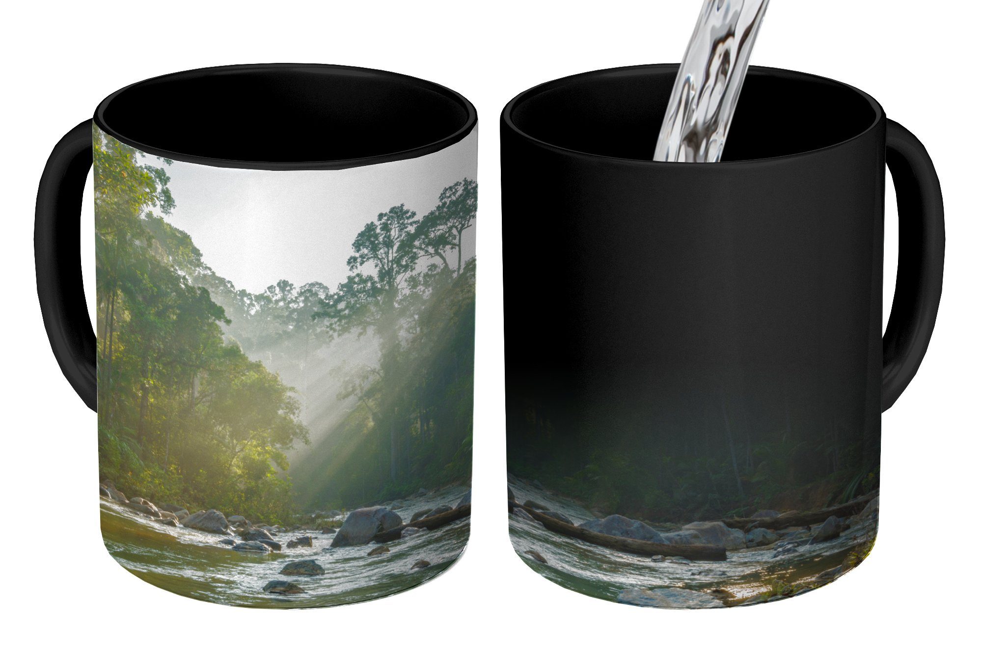 einen Kaffeetassen, malaysischen Die MuchoWow Tasse Sonne scheint Farbwechsel, auf Keramik, Geschenk Fluss Wald, in Zaubertasse, Teetasse, einem