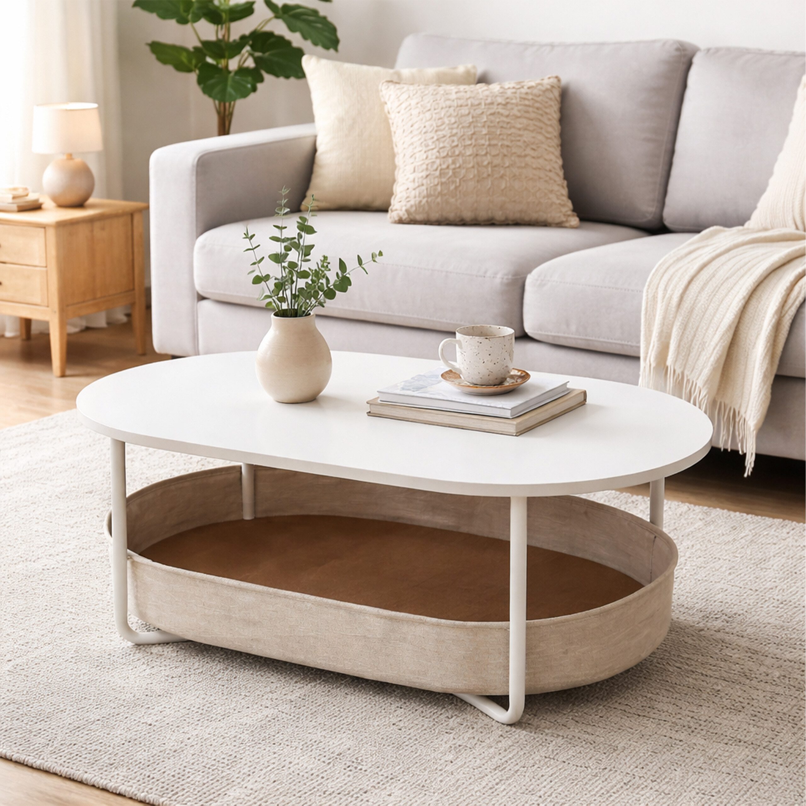 relaxdays Couchtisch Ovaler Couchtisch mit Stauraum, Weiß-Beige