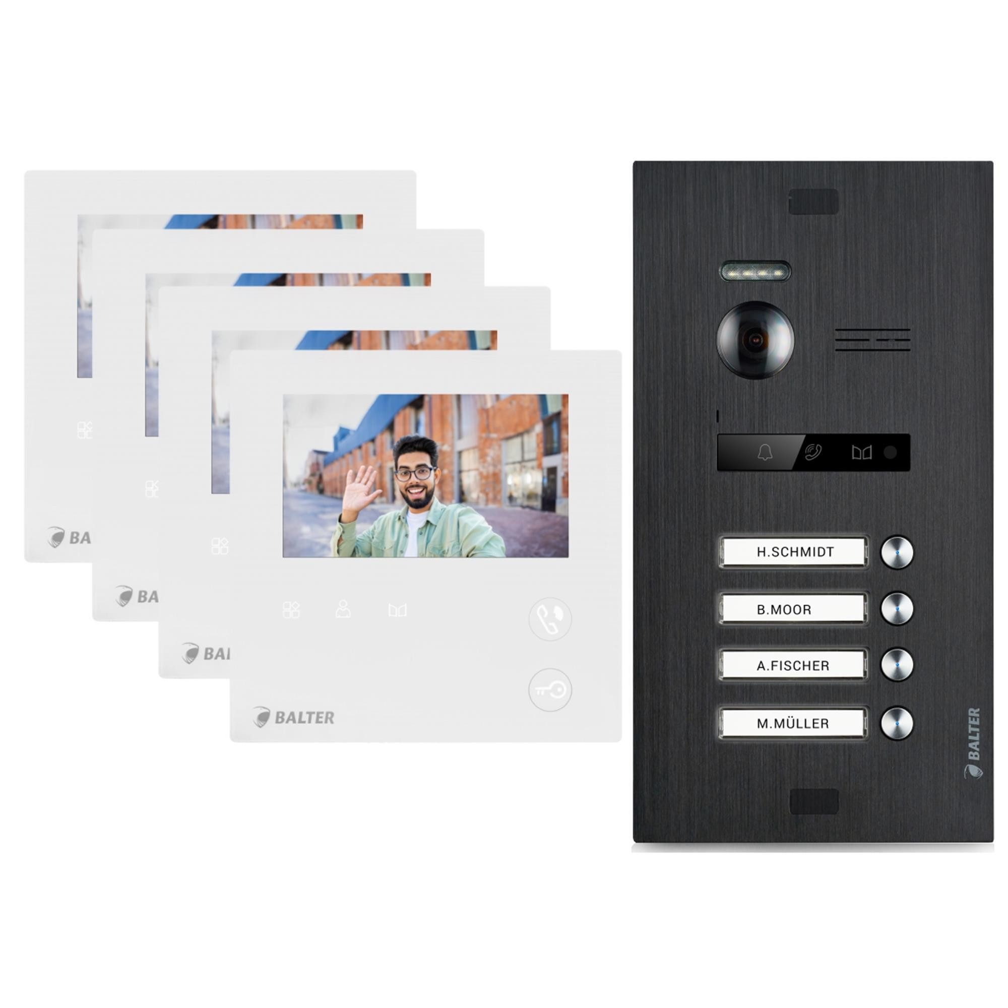 Balter Video-Türsprechanlage EVO MINI Komplettsystem für 4-Familienhaus Schwarz 4x 4.3" Monitore (Set, 4-Familienhaus, Komplettsett, 2-Draht BUS, 150° Weitwinkel-Kamera)