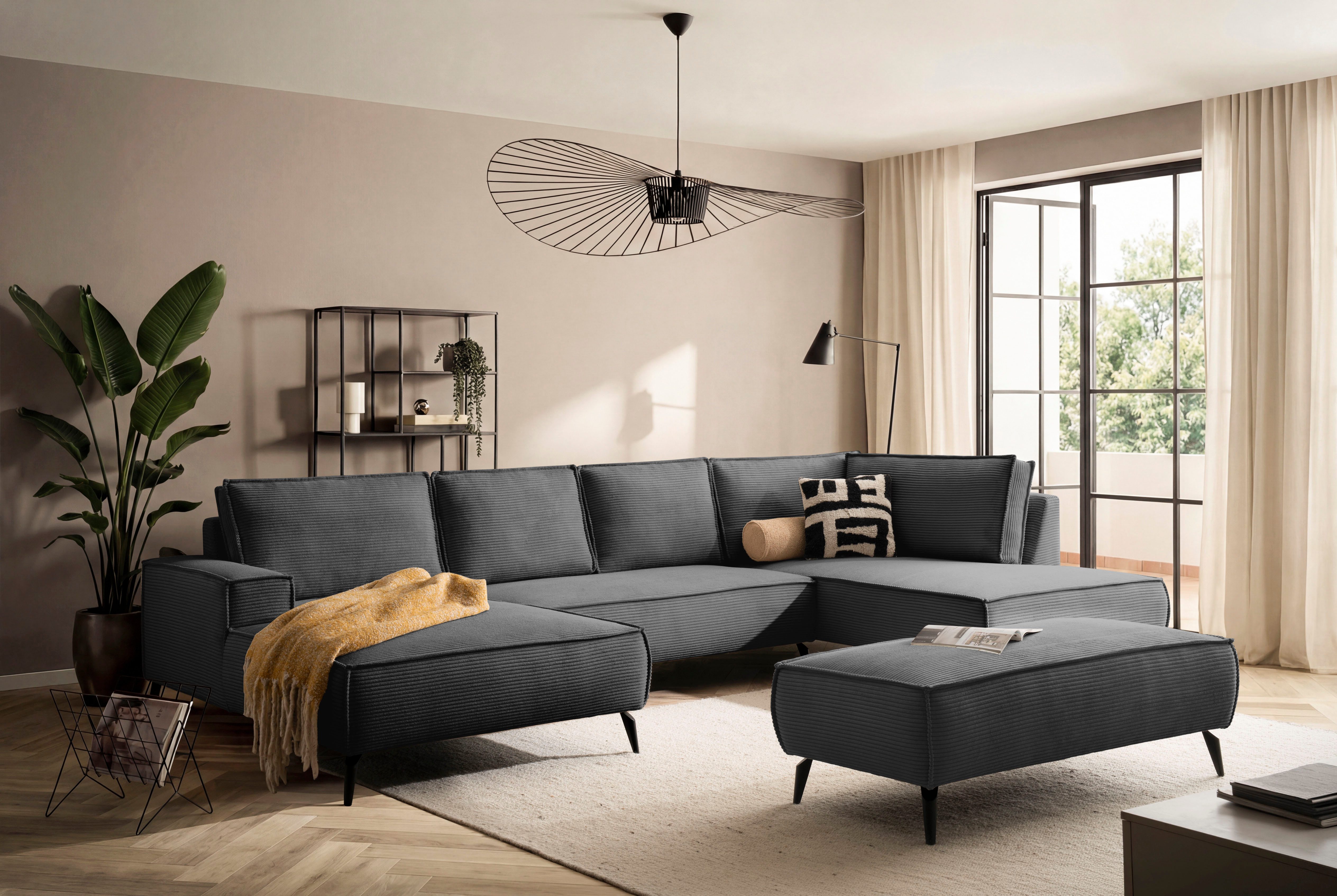 Home affaire Wohnlandschaft mit Hocker, TVINNU, moderne U-Form in Cord oder Leinenoptik, Set 2 Teile, Recamiere rechts/links, stellbar zum Schlafsofa (Krokodilverbinder)