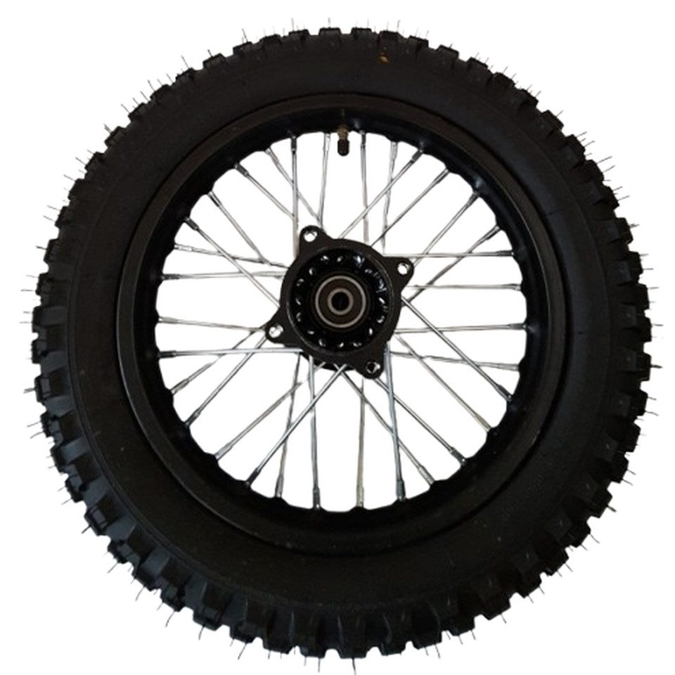 FunSport-Factory Ersatzrad 12 Zoll Hinterrad komplett für Pit Bike Dirt Bike 12 mm Achse, Stahlfelge, 32 Speichen, vormontiert, Offroad-Reifen