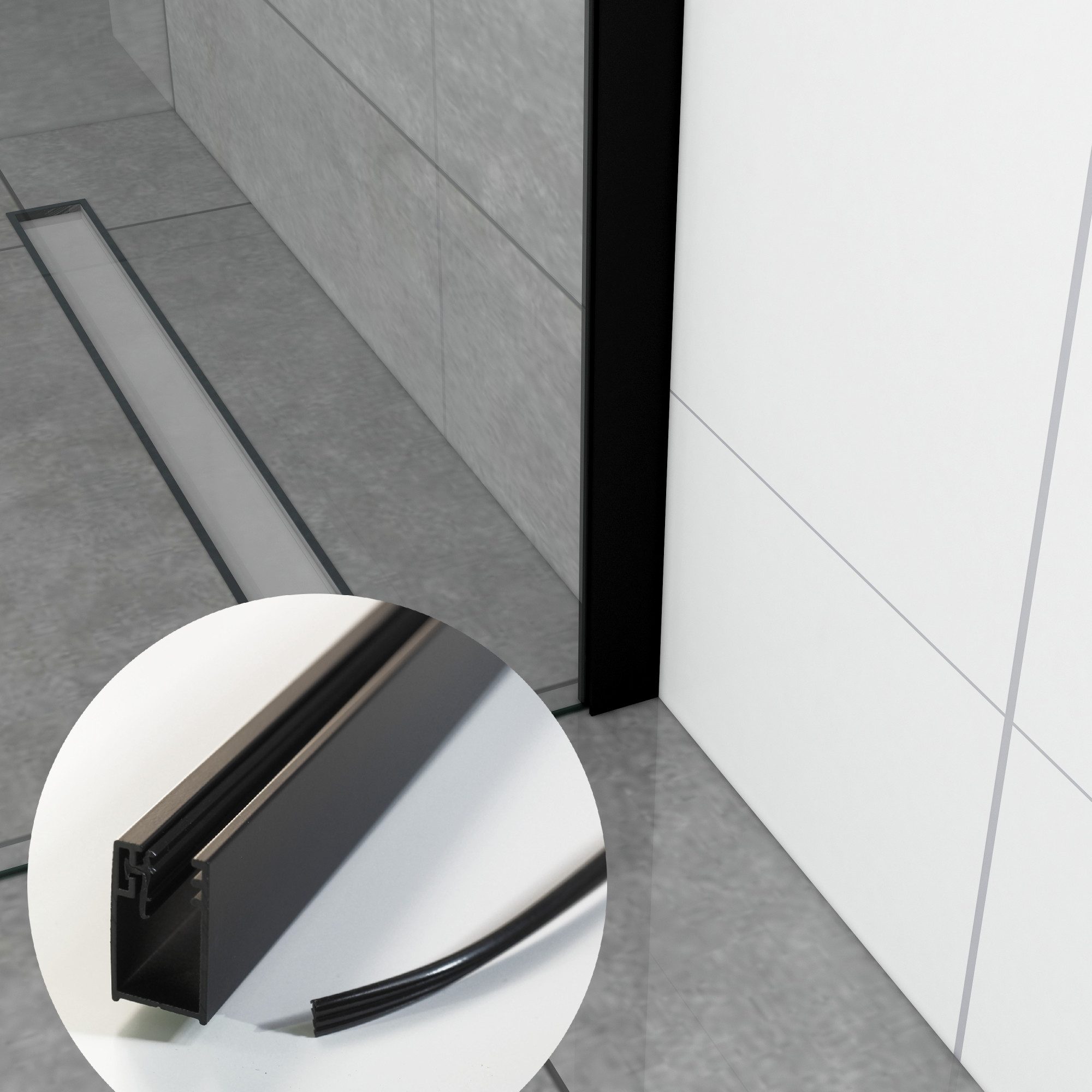 WITEN&NOCK Duschwand 195/200 cm Wandanschlussprofil Aluminium Glaswand 6-8 mm schwarz matt