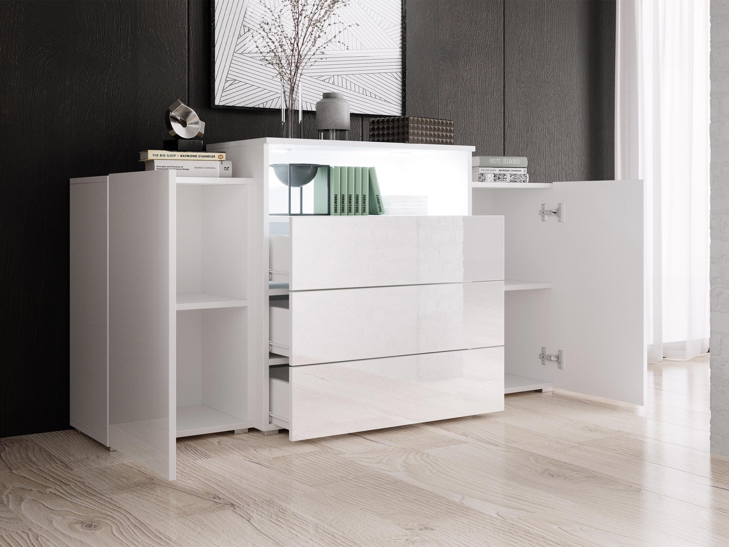 MIRJAN24 Kommode Urban III (mit 3 Schubladen und 2 Türen), 150x39x81 cm, Beleuchtung als Option