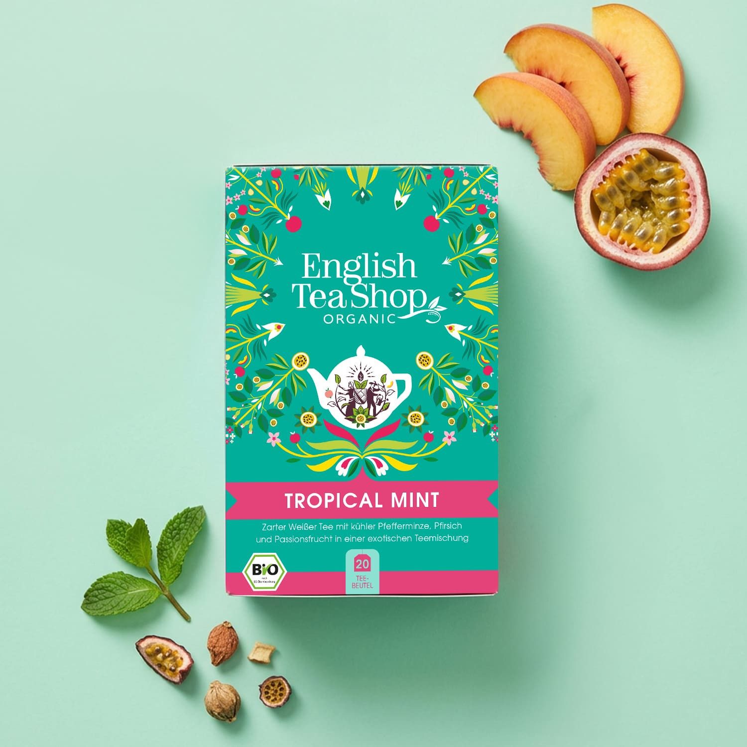 English Tea Shop Tee Tropical Mint Tee, BIO, 20 Teebeutel, Zarter Weißer Tee mit kühler Pfefferminze, Pfirsich & Passionsfrucht